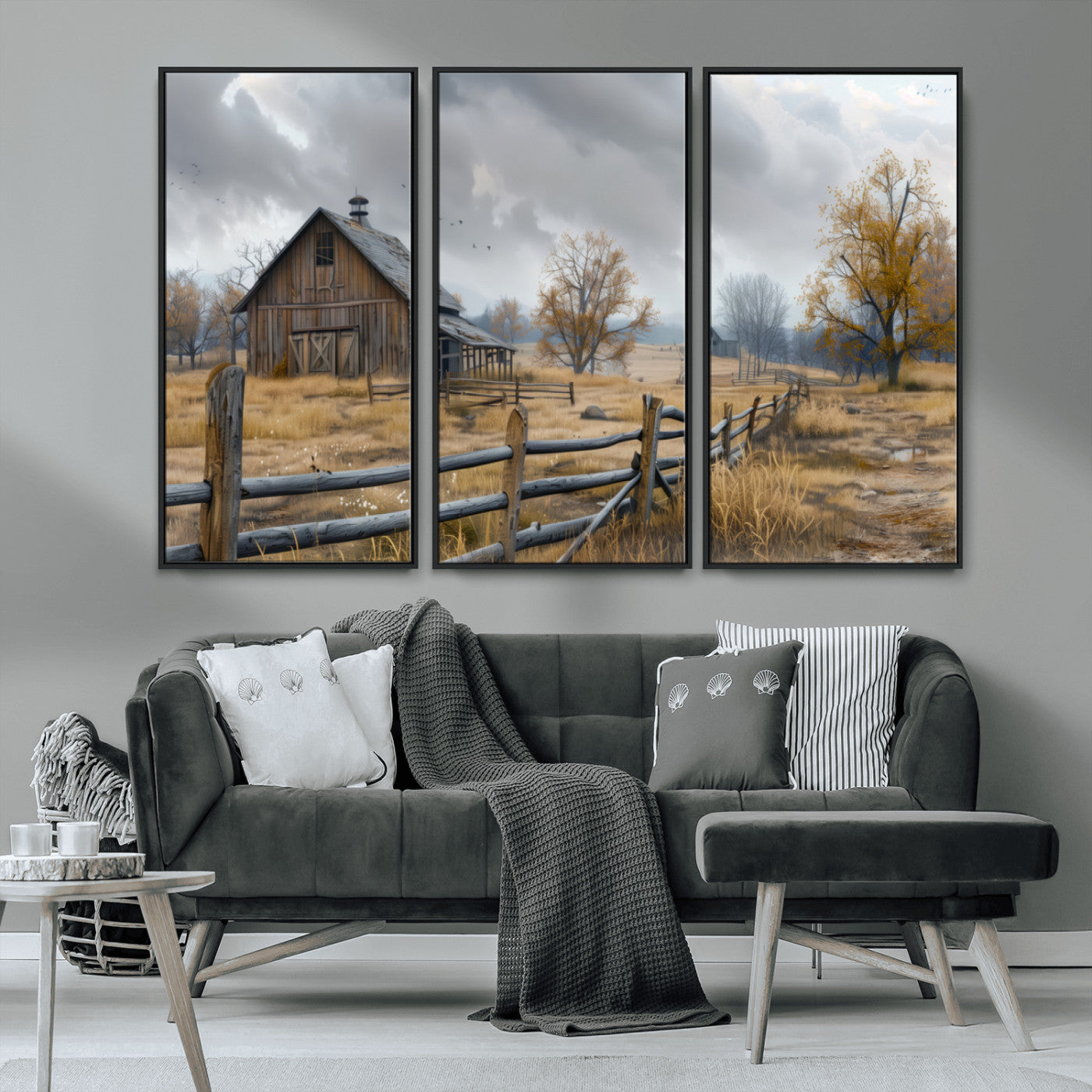 MGV-FC-48X32-3P - Rustic Autumn Farmhouse Wall Art Canvas Print – Serene Countryside Scene with Weathered Barn and