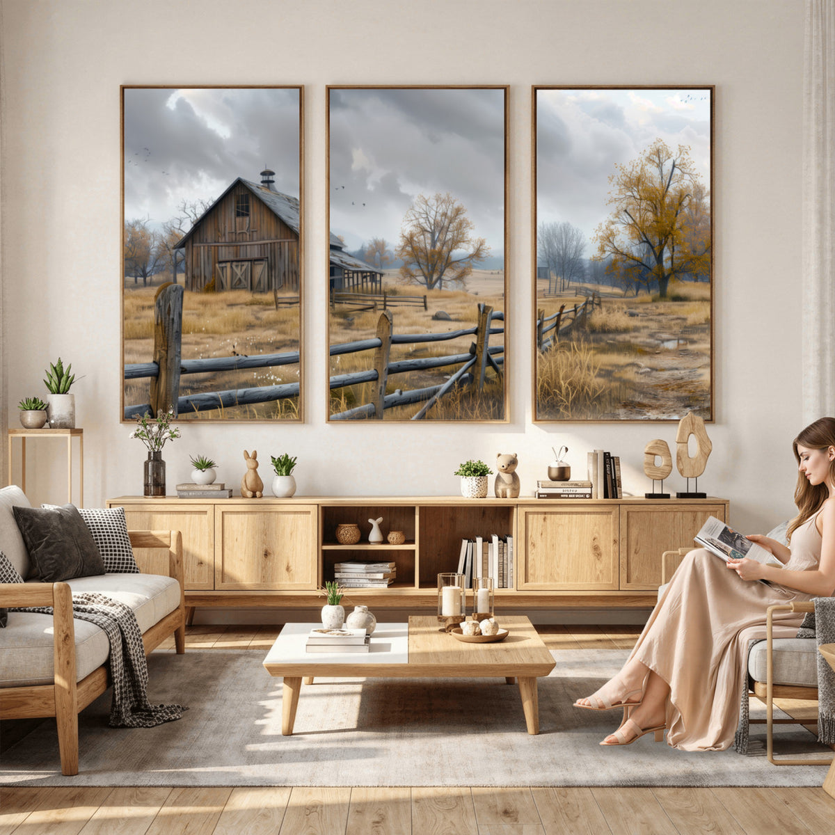Farm1-MGV-CV-36X24 - Rustic Autumn Farmhouse Wall Art Canvas Print | Serene Countryside with Weathered Barn