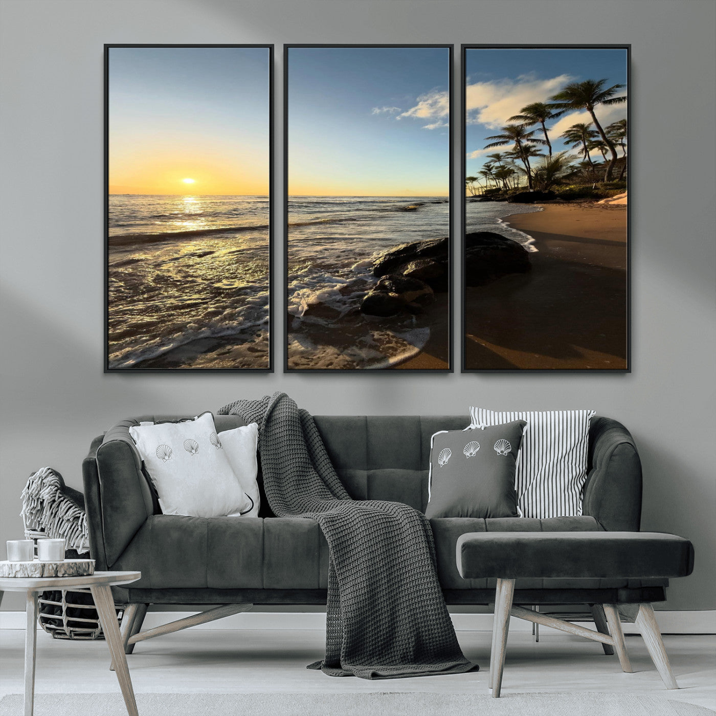 MGV-FC-48X32-3P - Tropical Beach Wall Art - Stunning Ocean Sunset Canvas Print with Palm Tree Design for Relaxing and