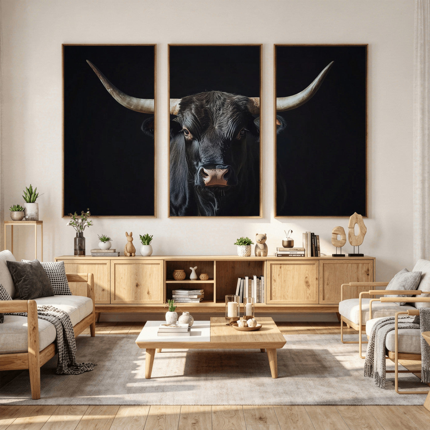 48065167-MGV-CV-36X24 - Texas Longhorn Bull Wall Art Canvas Print – Western Black Bull Art Print for Farmhouse Ranch Decor