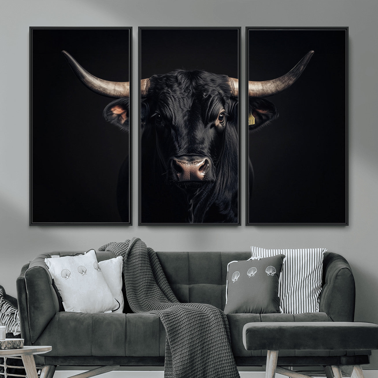 MGV-FC-48X32-3P - Black Bull Wall Art – Framed Horned Bull Canvas Artwork, Western Cattle Design, Rustic Ranch Style Decor for Home, Office