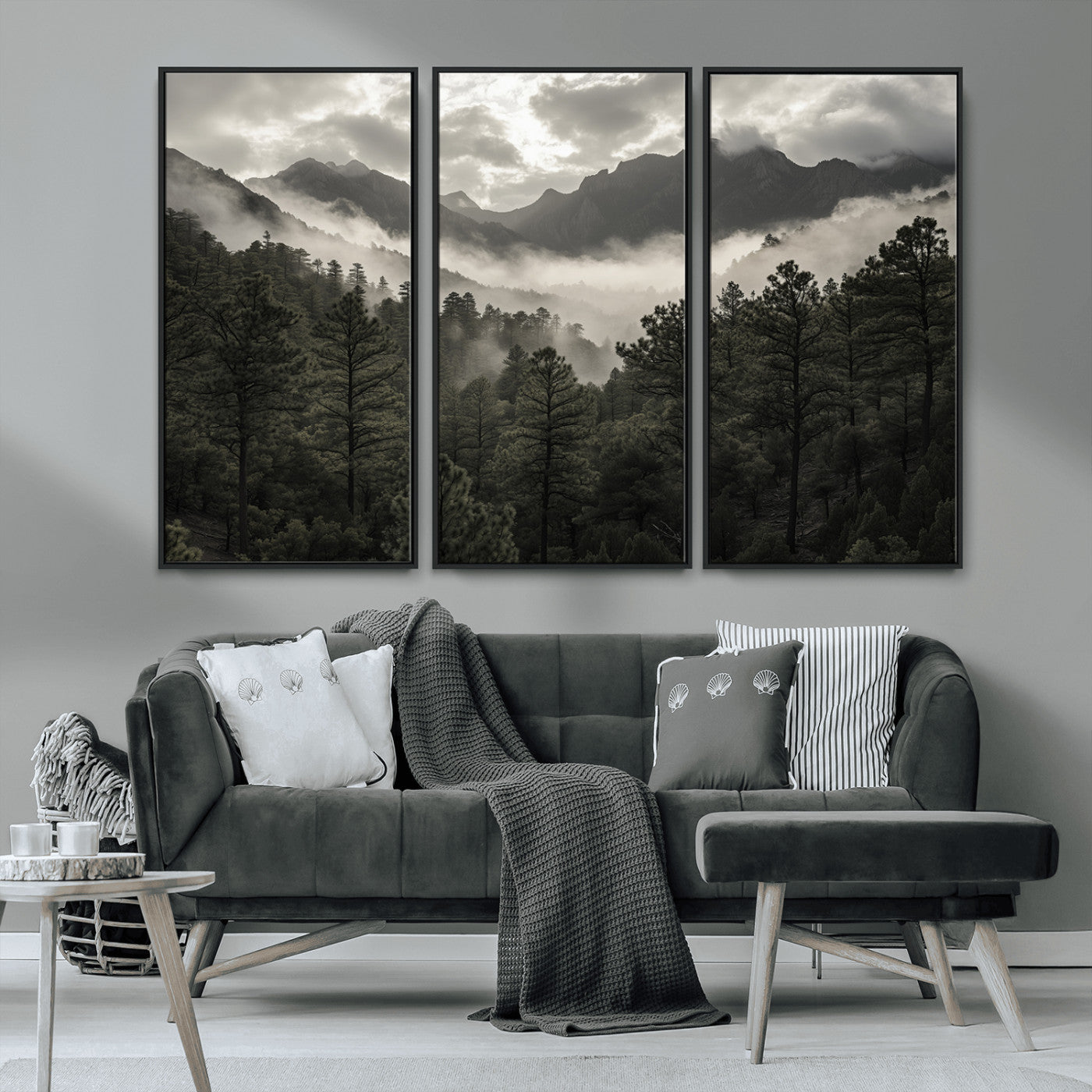 MGV-FC-48X32-3P - Misty Mountain Forest Wall Art – Canvas Print of Cloudy Peaks, Tranquil Pines, Enchanted Landscape, Majestic Nature Decor for Home or Office