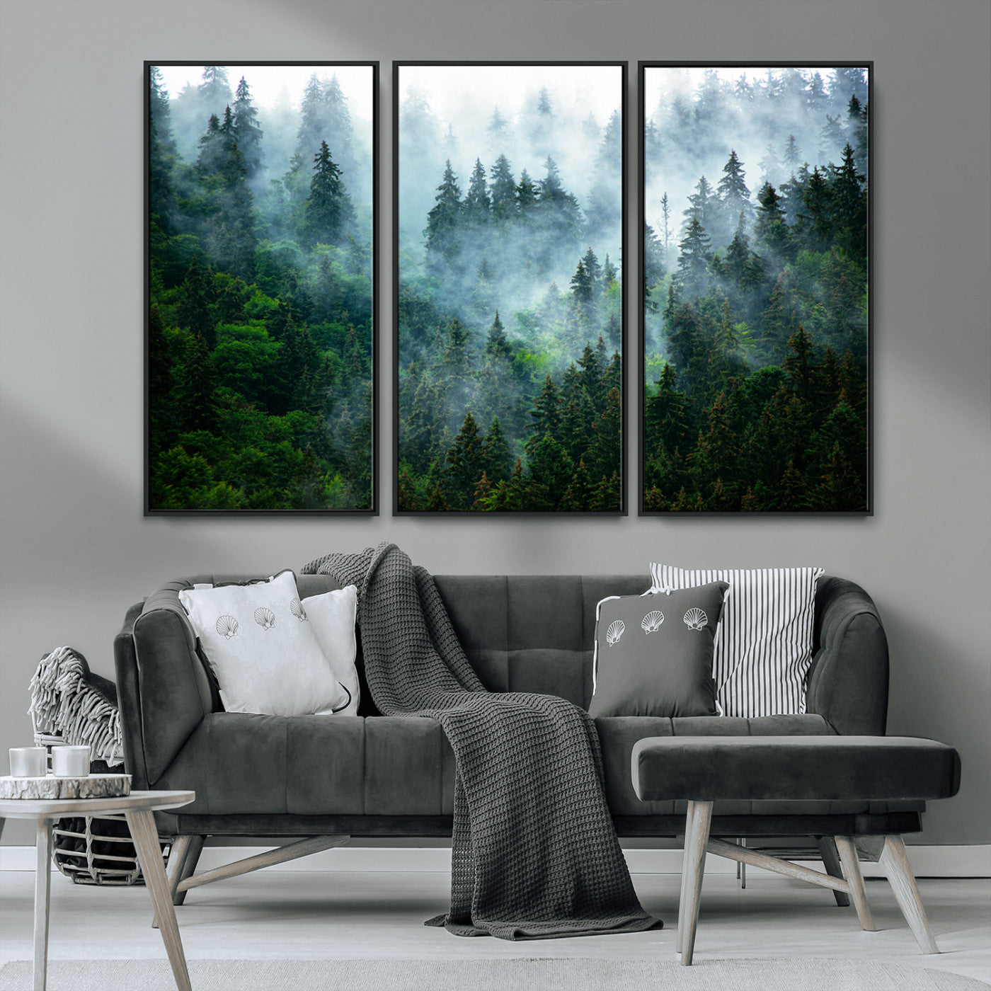 MGV-FC-48X32-3P - Misty Forest Art Wall Art Canvas Print, Framed Foggy Mountain Art Art Picture Print, Scenic Wall