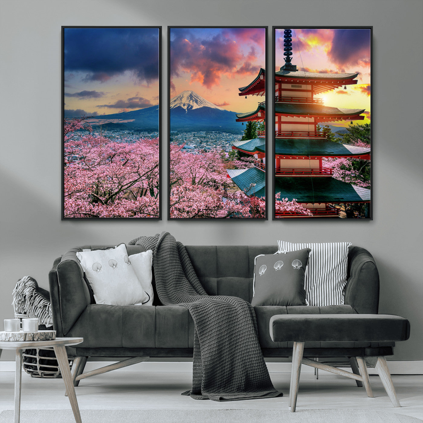 MGV-FC-48X32-3P - Mount Fuji & Cherry Blossom Wall Art Canvas Print – Iconic Japanese Landscape, Sakura Pagoda Sunset,