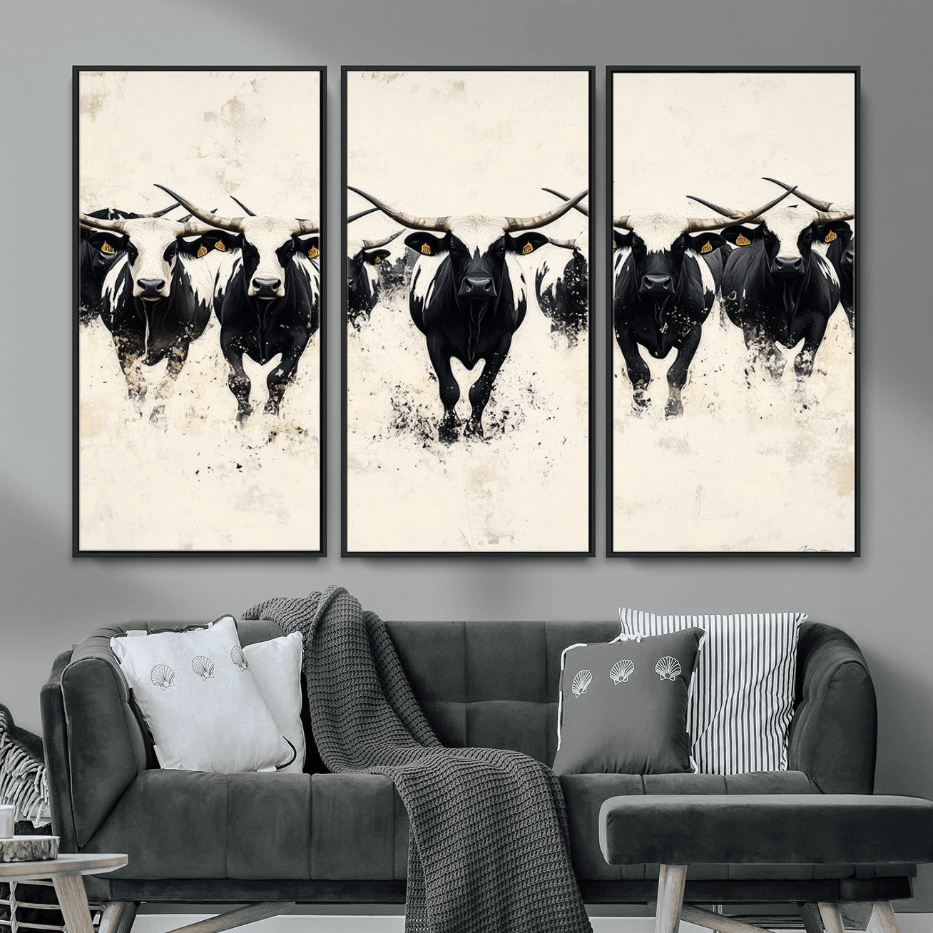 MGV-FC-48X32-3P - Longhorn Cattle Wall Art – Canvas Print of Herd in Motion, Symmetry and Ink Splatter, Minimalist Western Ranch, Bold Rustic Farm Decor