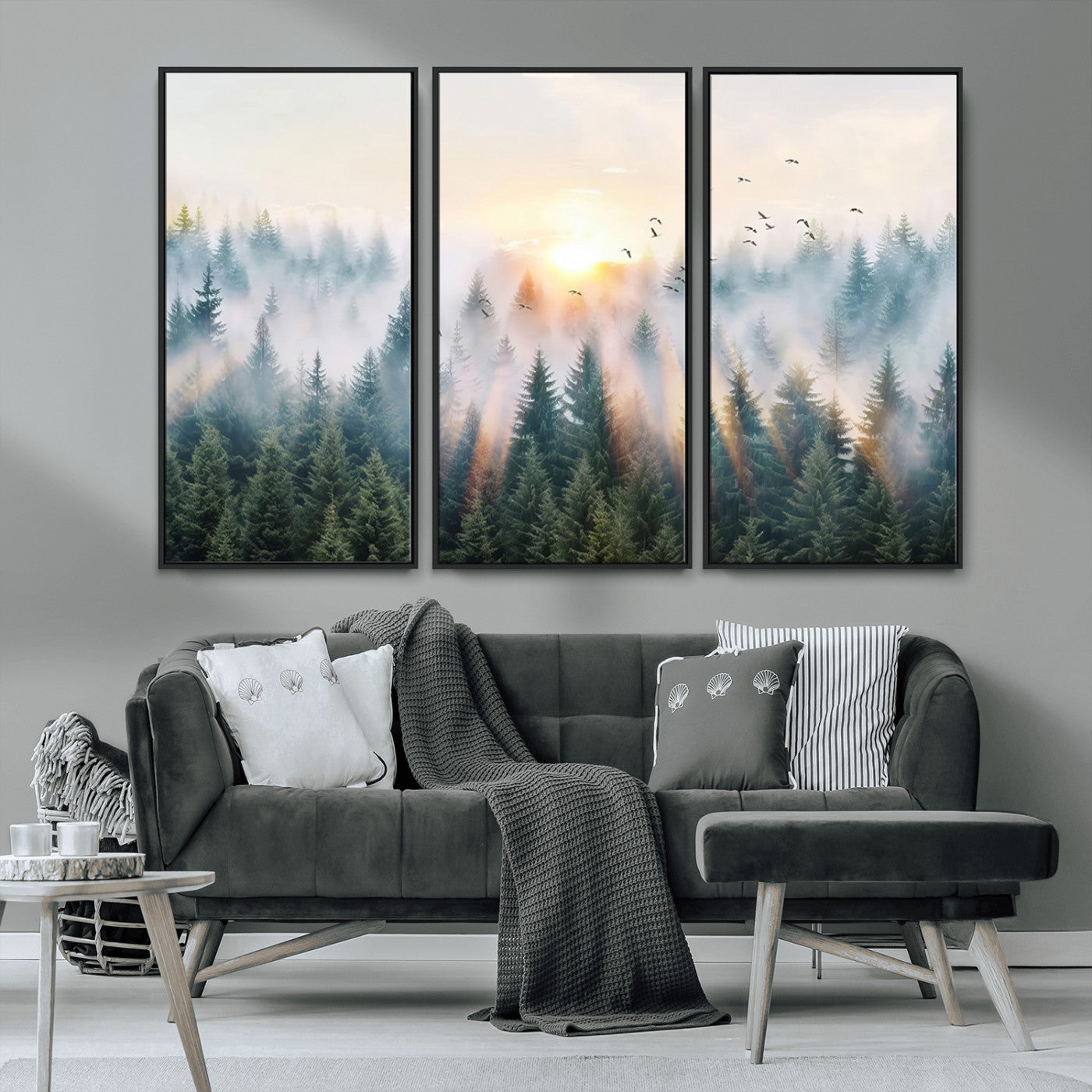 MGV-FC-48X32-3P - Misty Pine Forest Wall Art Canvas, Sunrise Over Foggy Trees Canvas for Home - Office, Framed