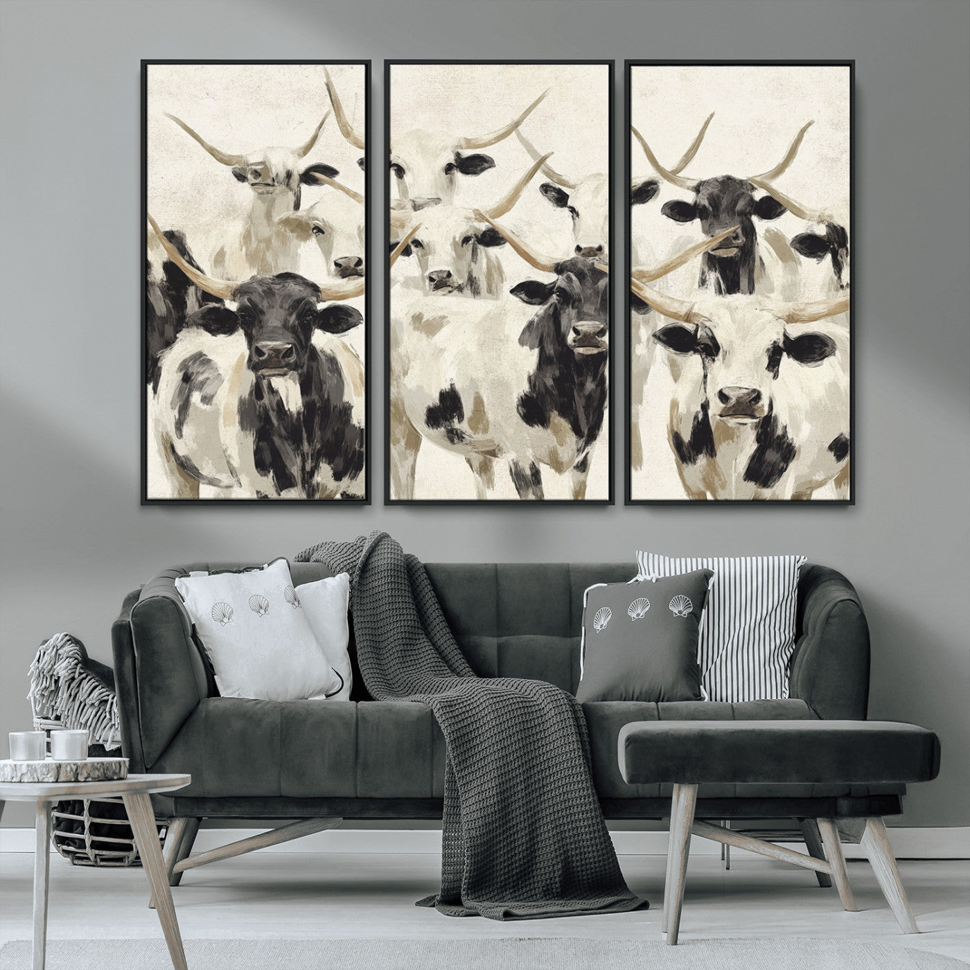 MGV-FC-48X32-3P - Longhorn Texas Cow Drawing Abstract Wall Art Canvas Print for Farmhouse Decor, Texas Bull Printing