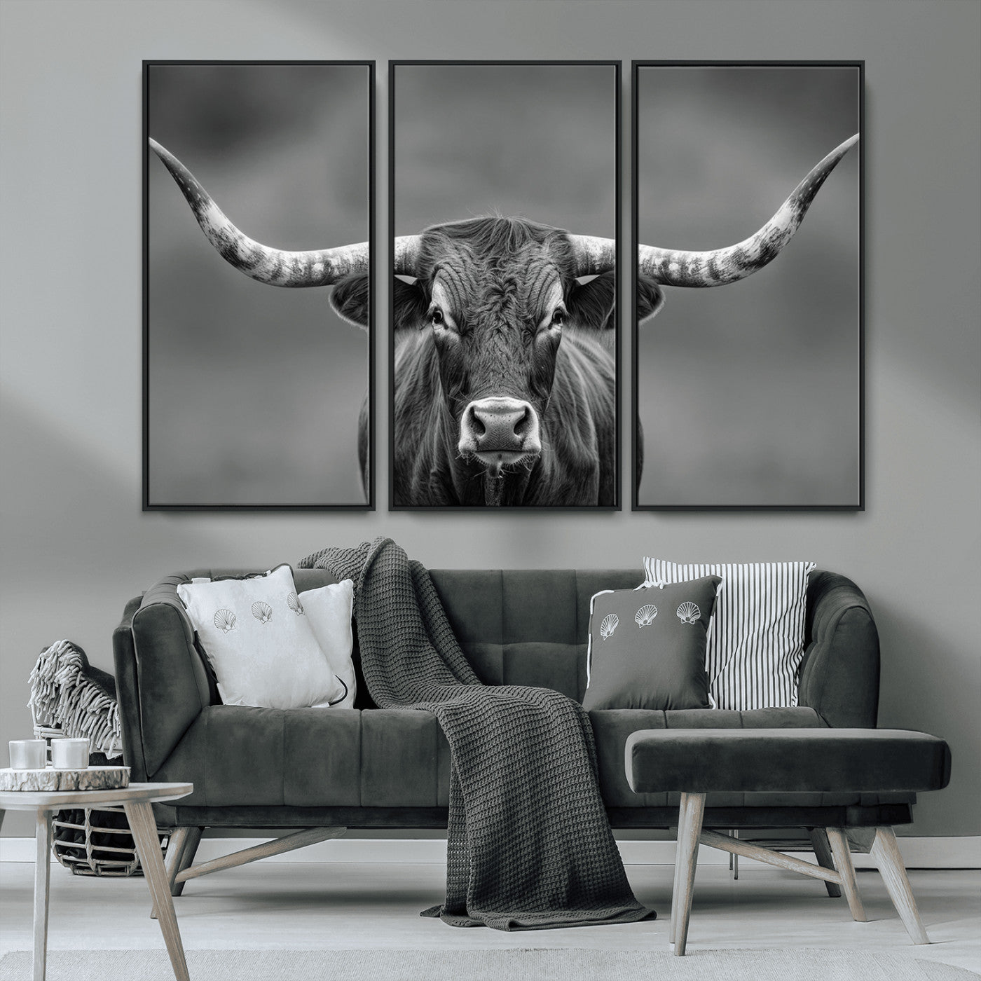 MGV-FC-48X32-3P - Framed Texas Longhorn Bull Art Canvas Print, Western Bull Wall Art Print, Long Horn Bull Photo Print
