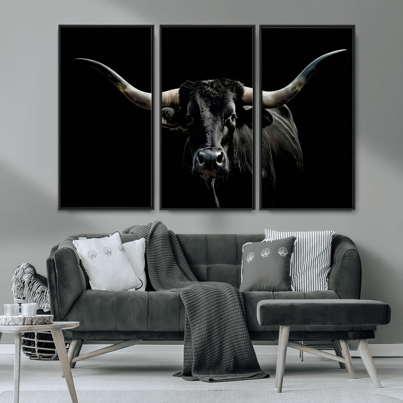 MGV-FC-48X32-3P - Texas Black Bull Wall Art Print, Longhorn Bull Canvas Wall Art