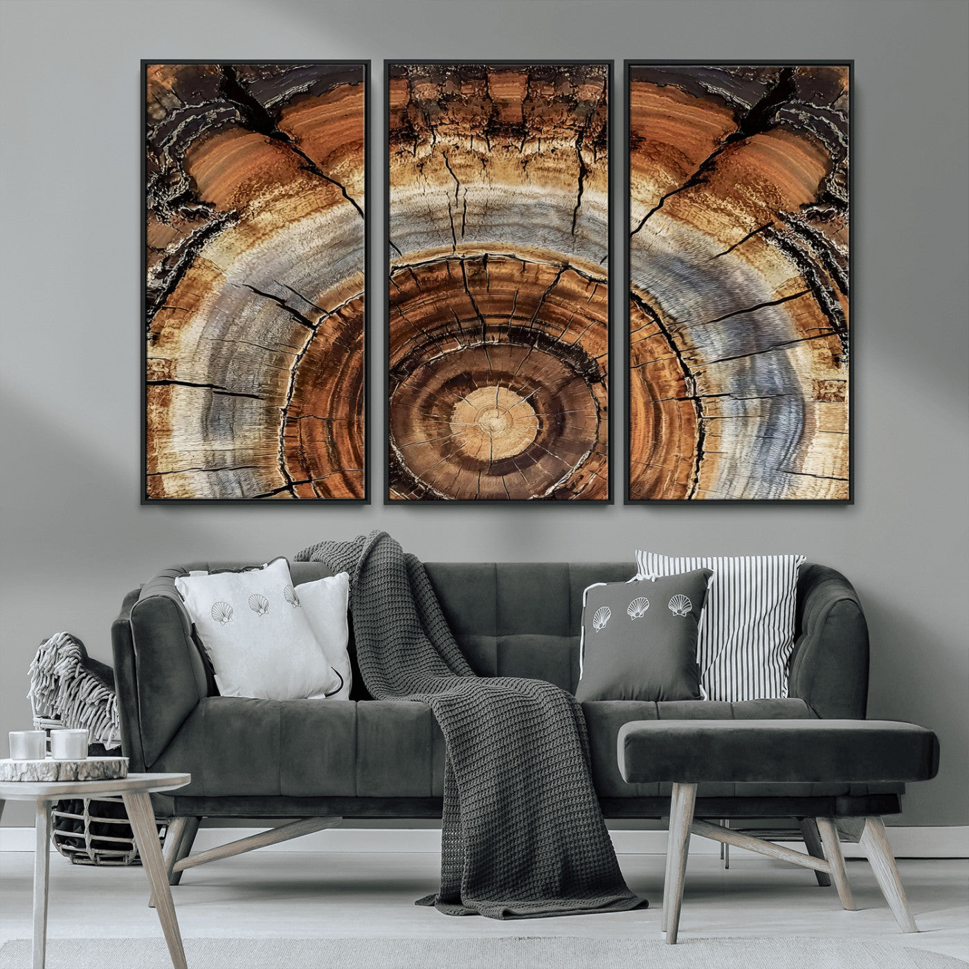 MGV-FC-48X32-3P - Tree Rings Wall Art Canvas Print, Framed Wood Texture Art Picture Print, Rustic Pattern Perfect Rustic Organic Decor Artwork