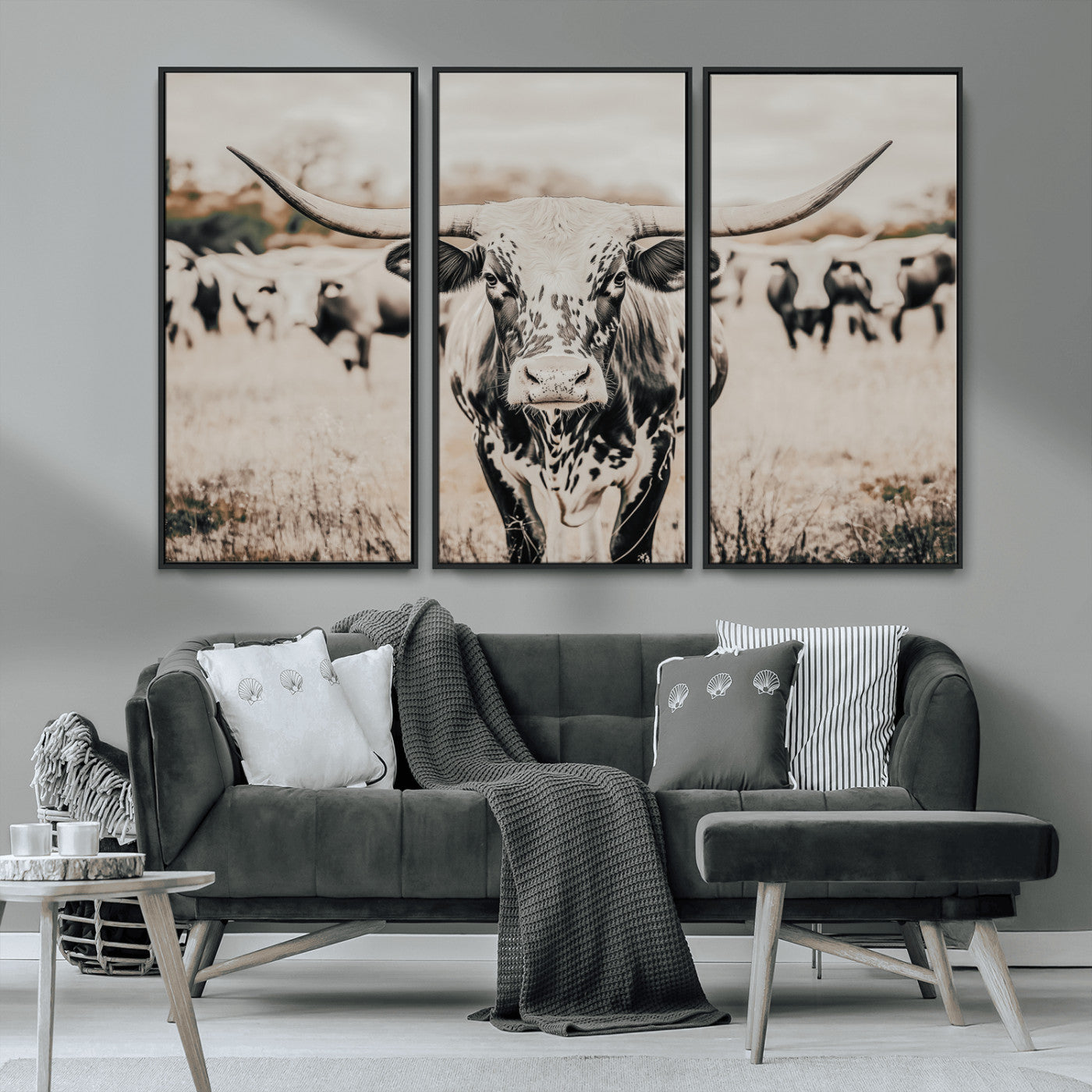 MGV-FC-48X32-3P - Texas Longhorn Wall Art Canvas Print, Framed Speckled Cow Art Picture Print, Horned Cattle Perfect Rustic Western Decor Artwork