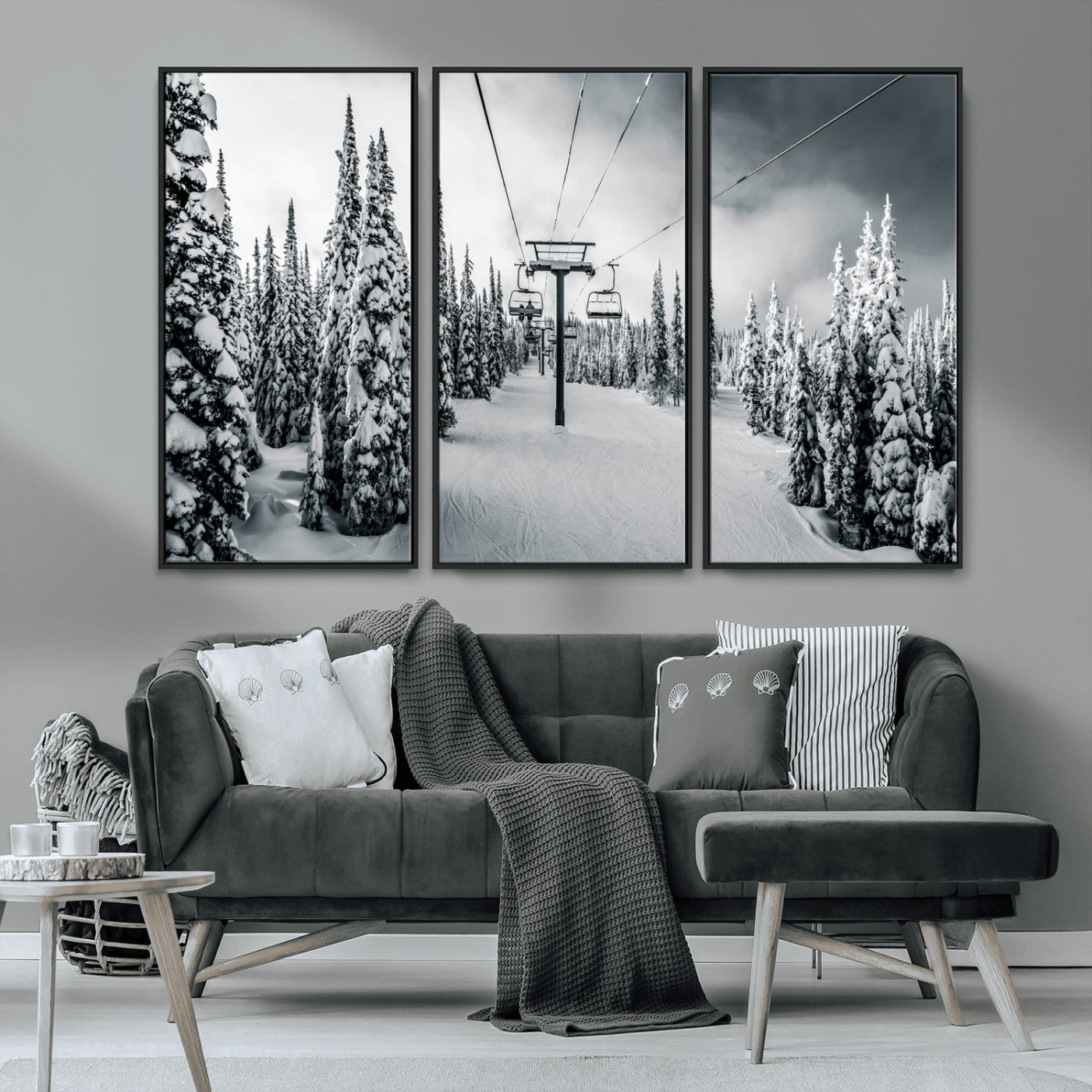 MGV-FC-48X32-3P - Snowy Pines Wall Art Canvas Print, Framed Ski Lift Art Picture Print, Winter Forest Perfect Moody Lodge Decor Artwork