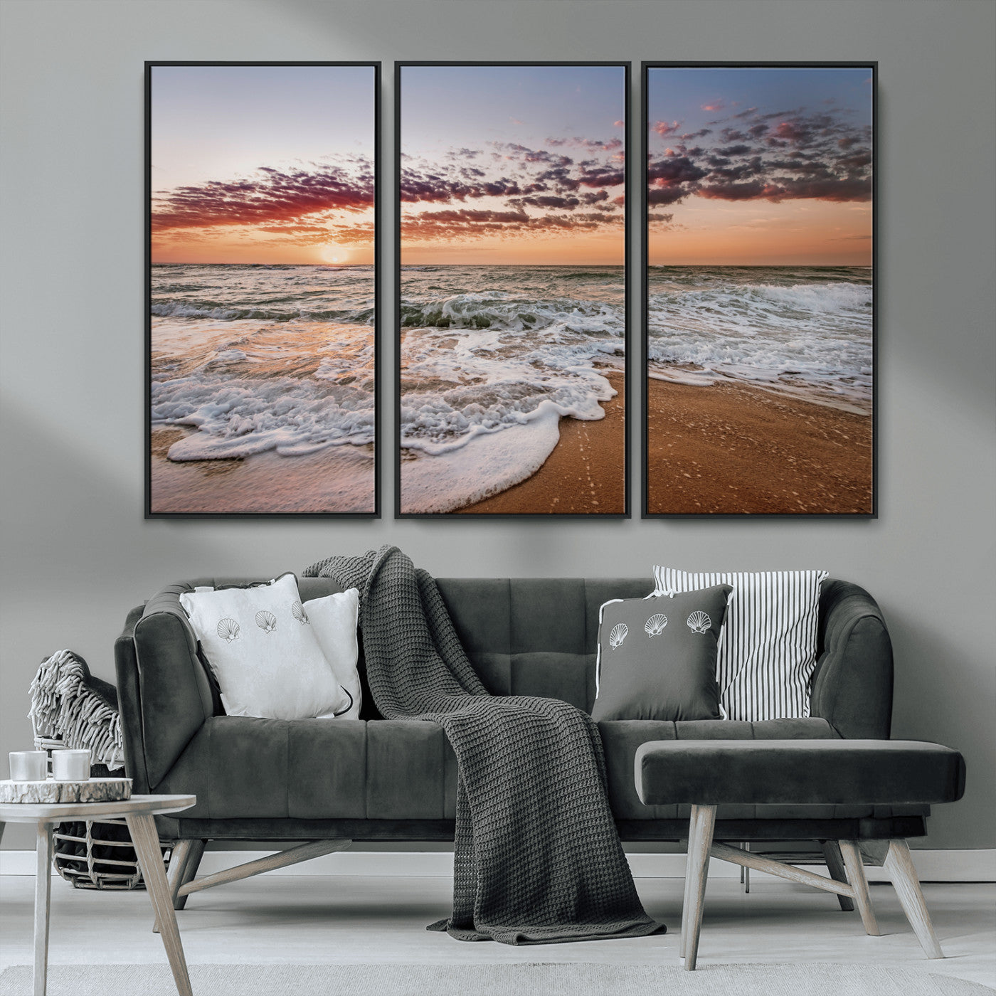 MGV-FC-48X32-3P - Ocean Sunset Wall Art Canvas Print, Framed Sandy Shore Art Picture Print, Gentle Waves Perfect Minimalist Coastal Decor Artwork