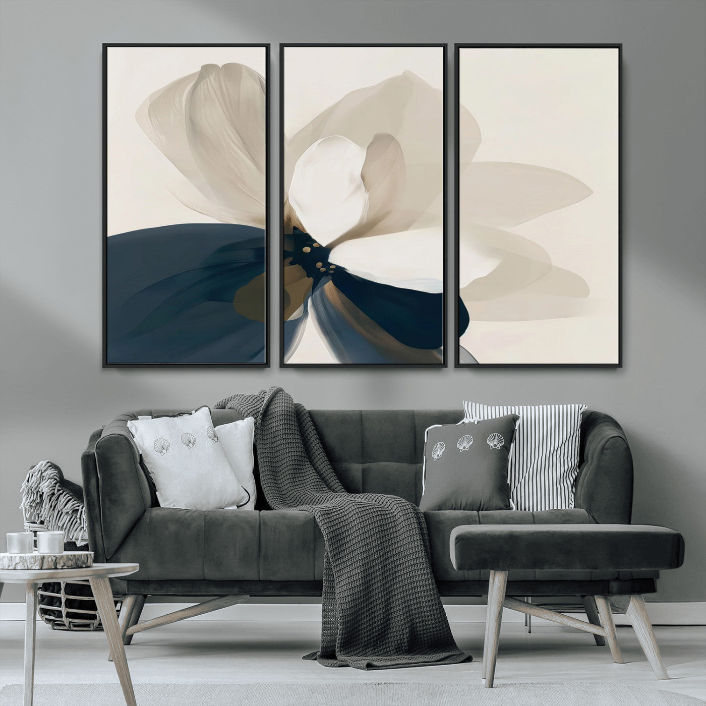MGV-FC-48X32-3P - Minimal Flower Wall Art Canvas Print, Framed Flower Drawing Art Picture Print, Beige Bloom Perfect Modern Botanical Decor Artwork