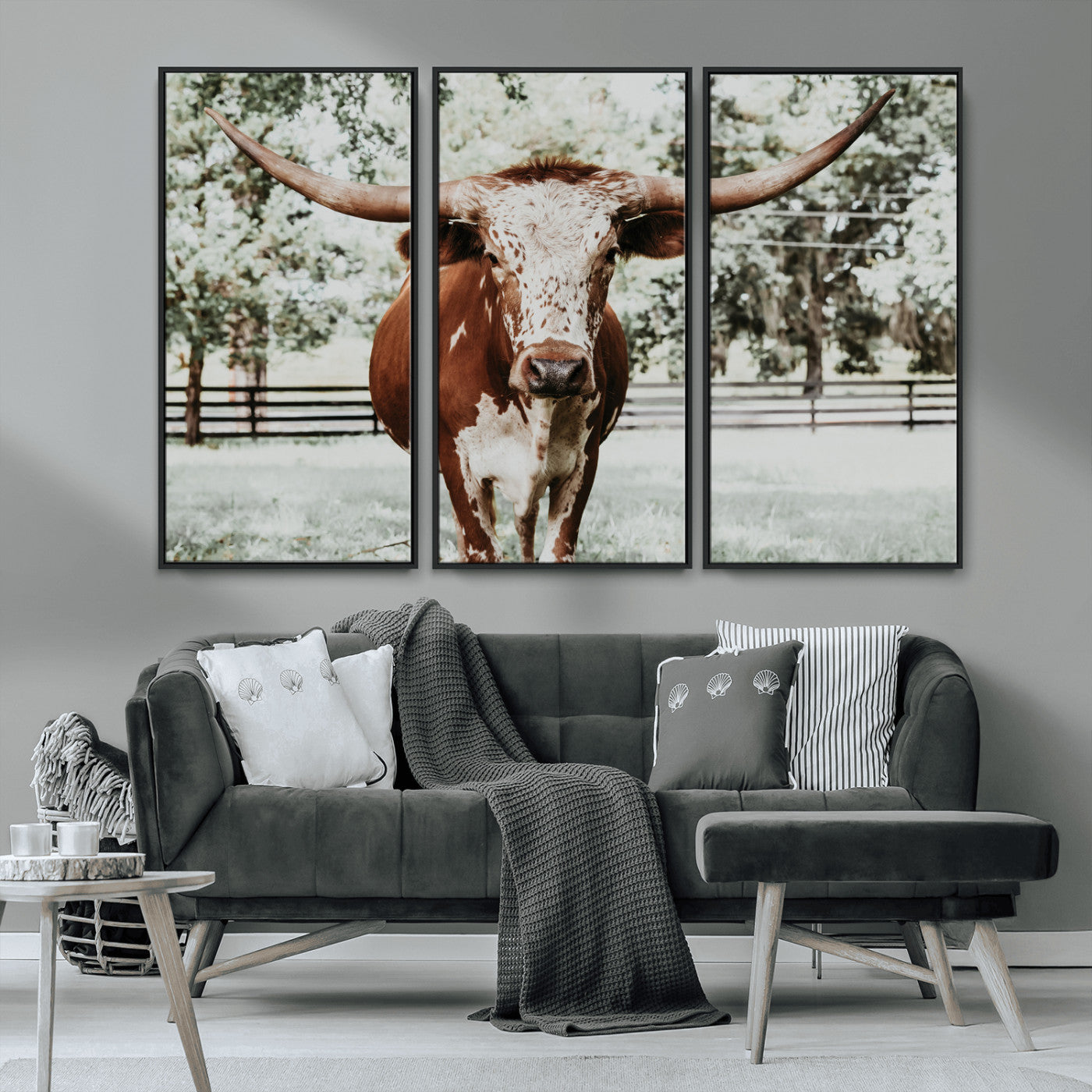 MGV-FC-48X32-3P - Texas Longhorn Wall Art Canvas Print, Framed Spotted Cow Art Picture Print, Horned Cattle Perfect Rustic Western Decor Artwork