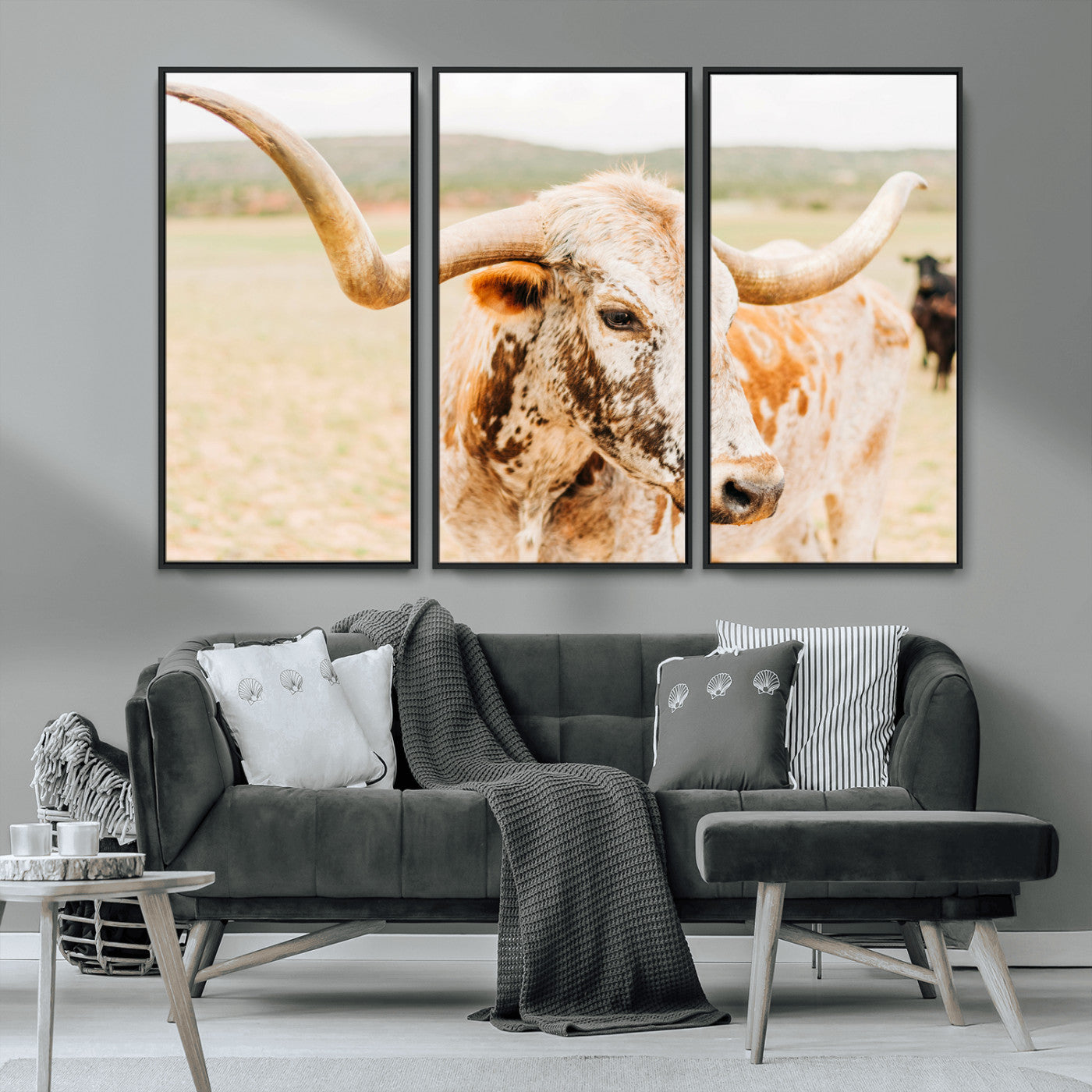 MGV-FC-48X32-3P - Texas Longhorn Wall Art Canvas Print, Framed Spotted Cow Art Picture Print, Horned Cattle Perfect Rustic Western Decor Artwork