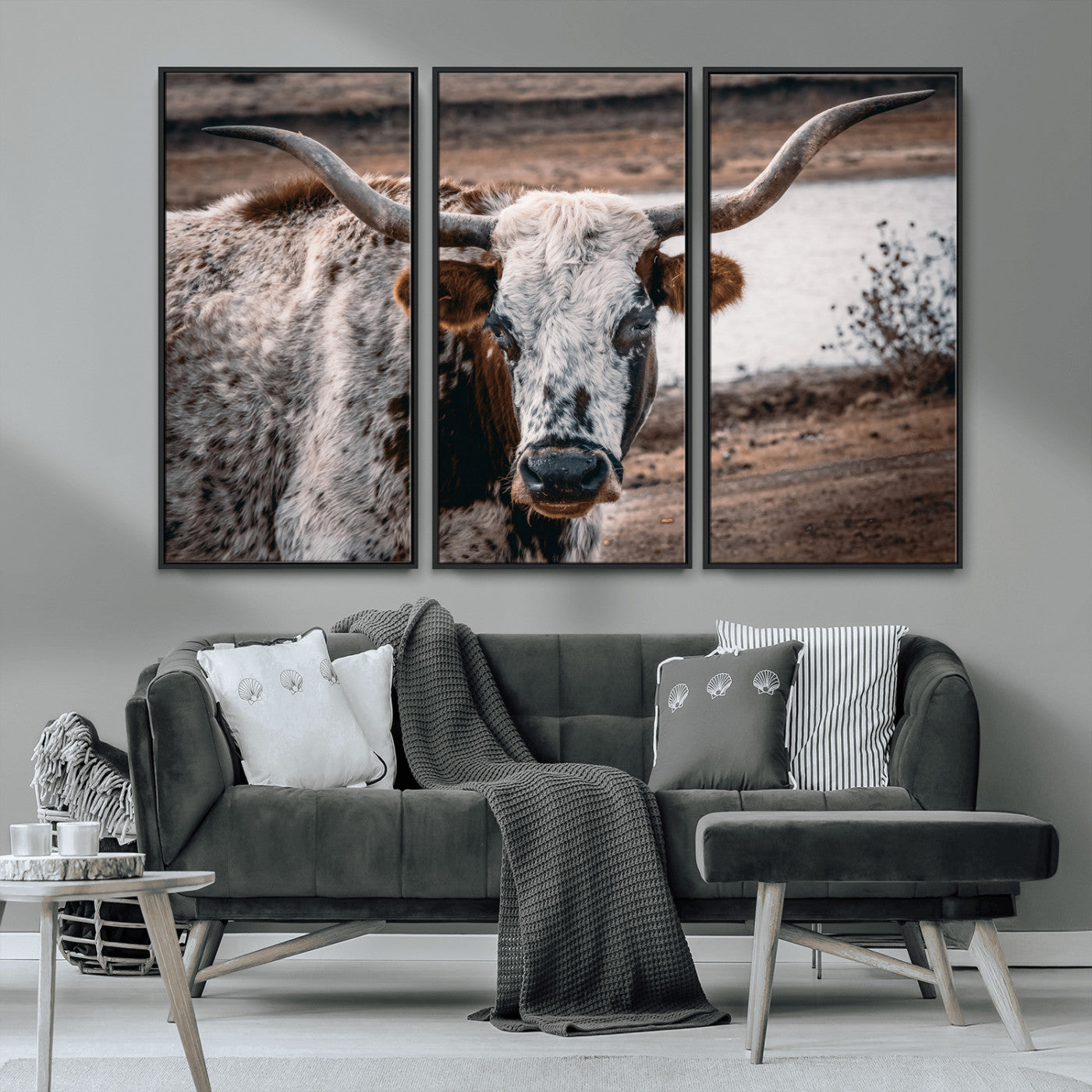 MGV-FC-48X32-3P - Texas Longhorn Wall Art Canvas Print, Framed Spotted Cow Art Picture Print, Horned Cattle Perfect Rustic Western Decor Artwork
