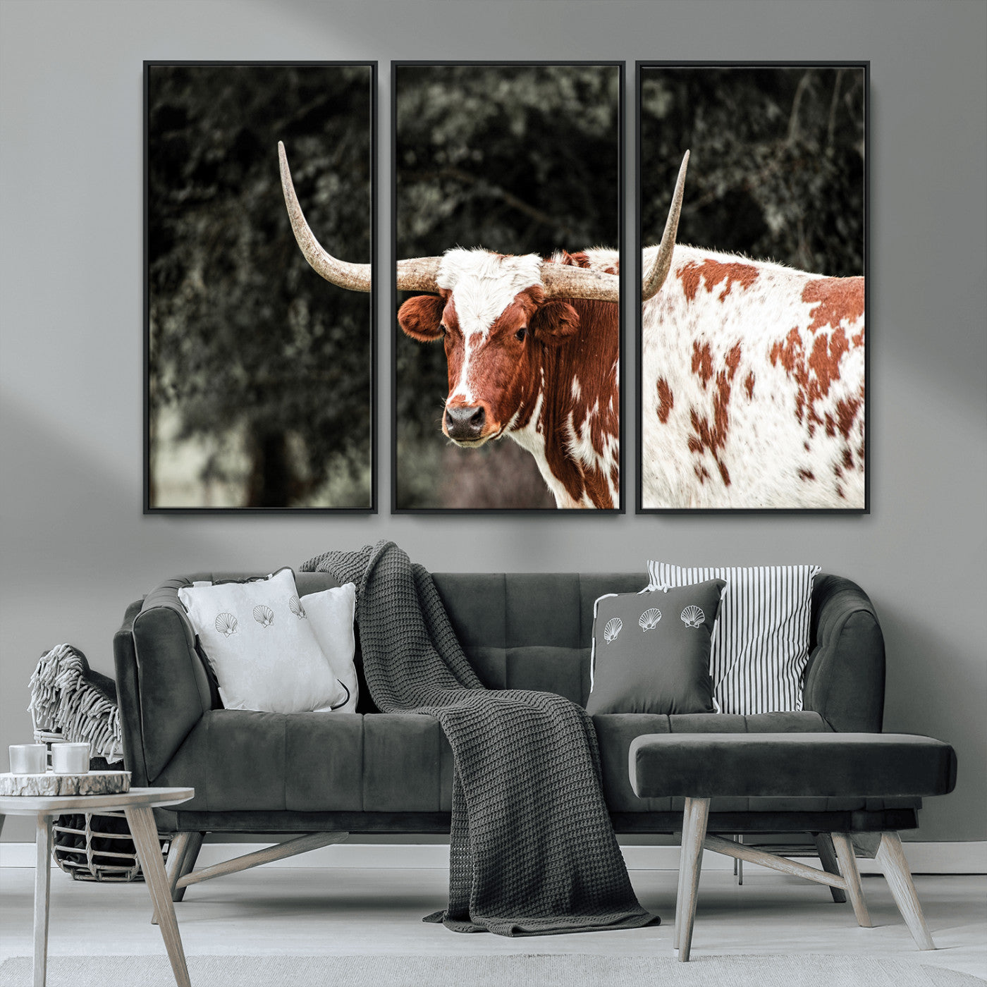 MGV-FC-48X32-3P - Texas Longhorn Wall Art Canvas Print, Framed Spotted Cow Art Picture Print, Horned Bull Perfect Rustic Western Decor Artwork