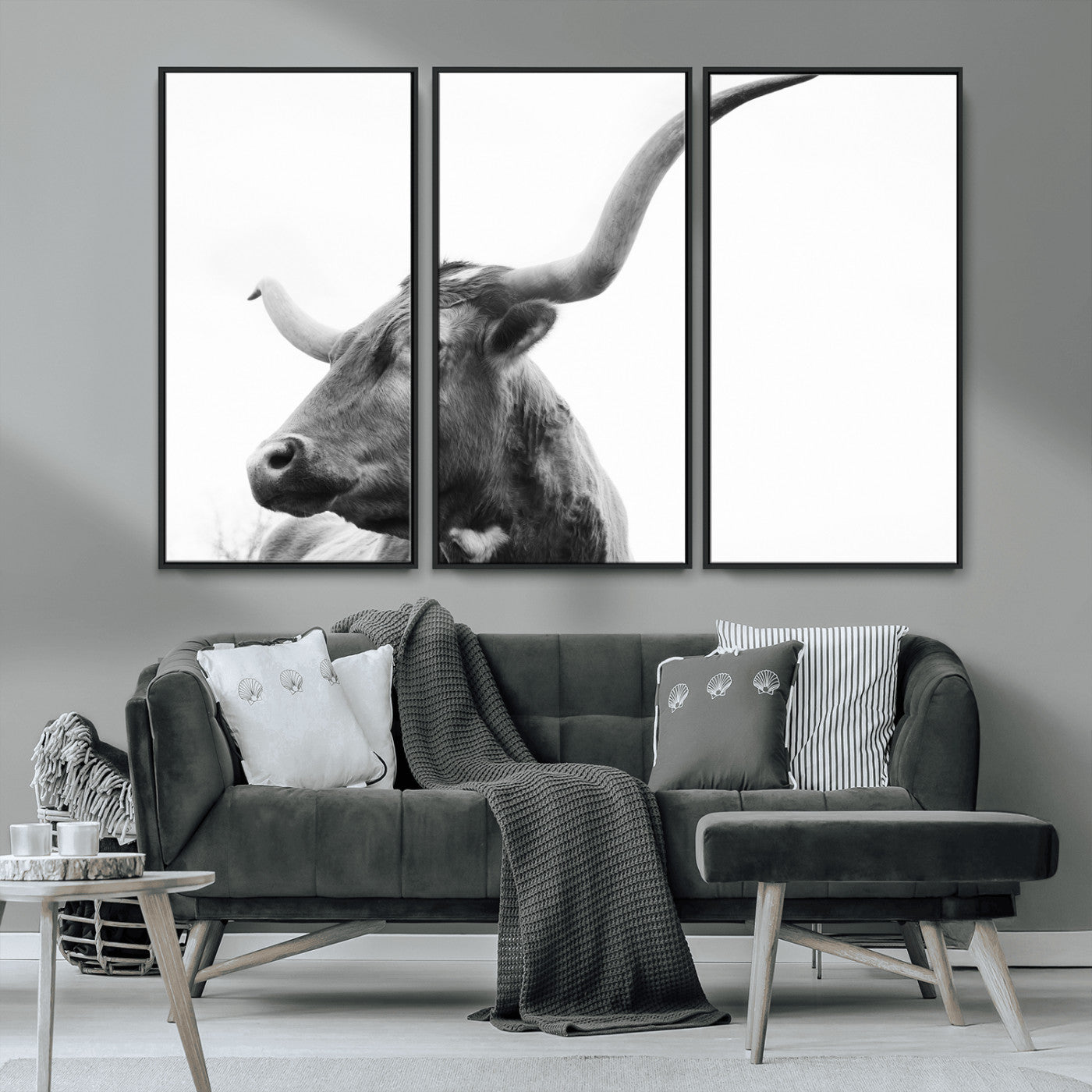 MGV-FC-48X32-3P - Longhorn Wall Art Wall Art Canvas Print, Framed Modern Ranch Style Art Art Picture Print, Monochrome Cow Print Perfect Rustic Western Decor Artwork
