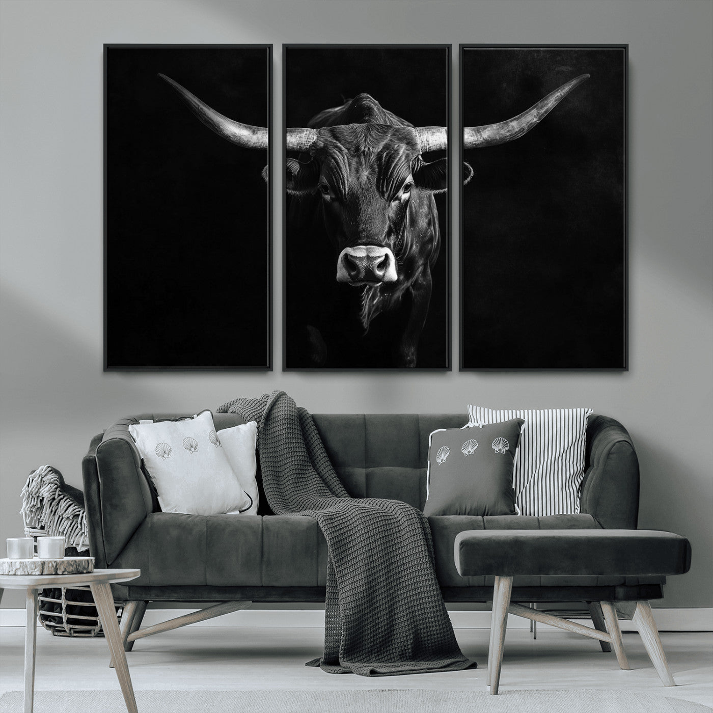 MGV-FC-48X32-3P - Texas Longhorn Wall Art Canvas Print, Framed Monochrome Bull Art Picture Print, Horned Bull Perfect Rustic Western Decor Artwork