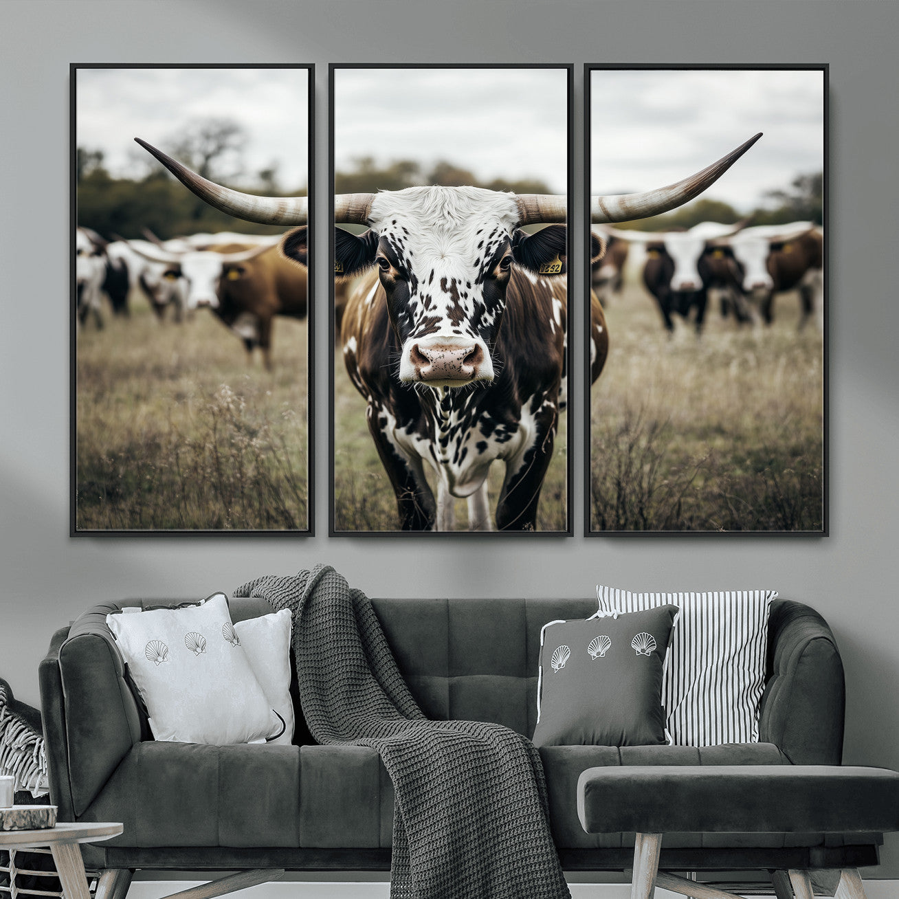 MGV-FC-48X32-3P - Majestic Longhorn Cow Wall Art – Canvas Print of Intricate Fur & Sharp Horns Earthy Tones Serene Landscape, Rustic Charm Decor for Living Room, Office or Bedroom