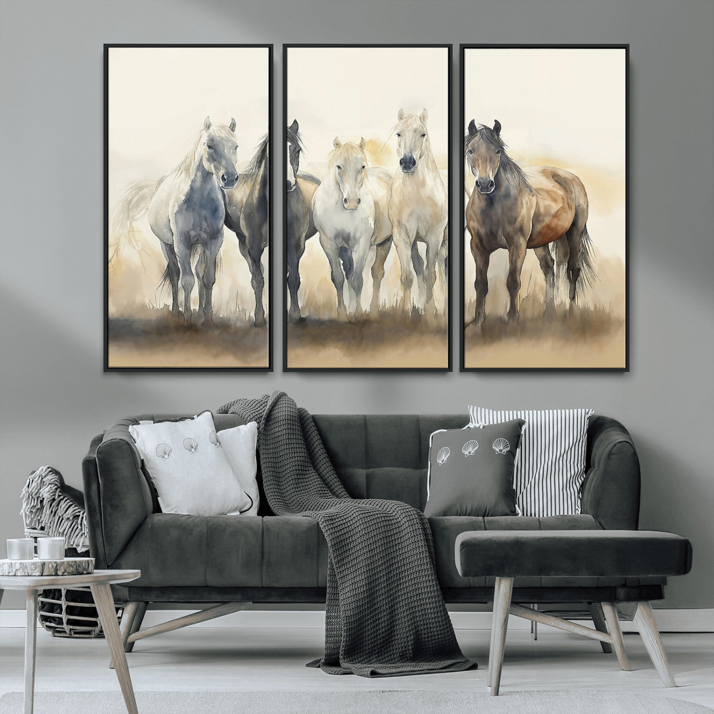 MGV-FC-48X32-3P - Wild Horses Wall Art Canvas Print, Framed Running Horses Art Picture Print, Watercolor Horses Perfect Rustic Western Decor Artwork