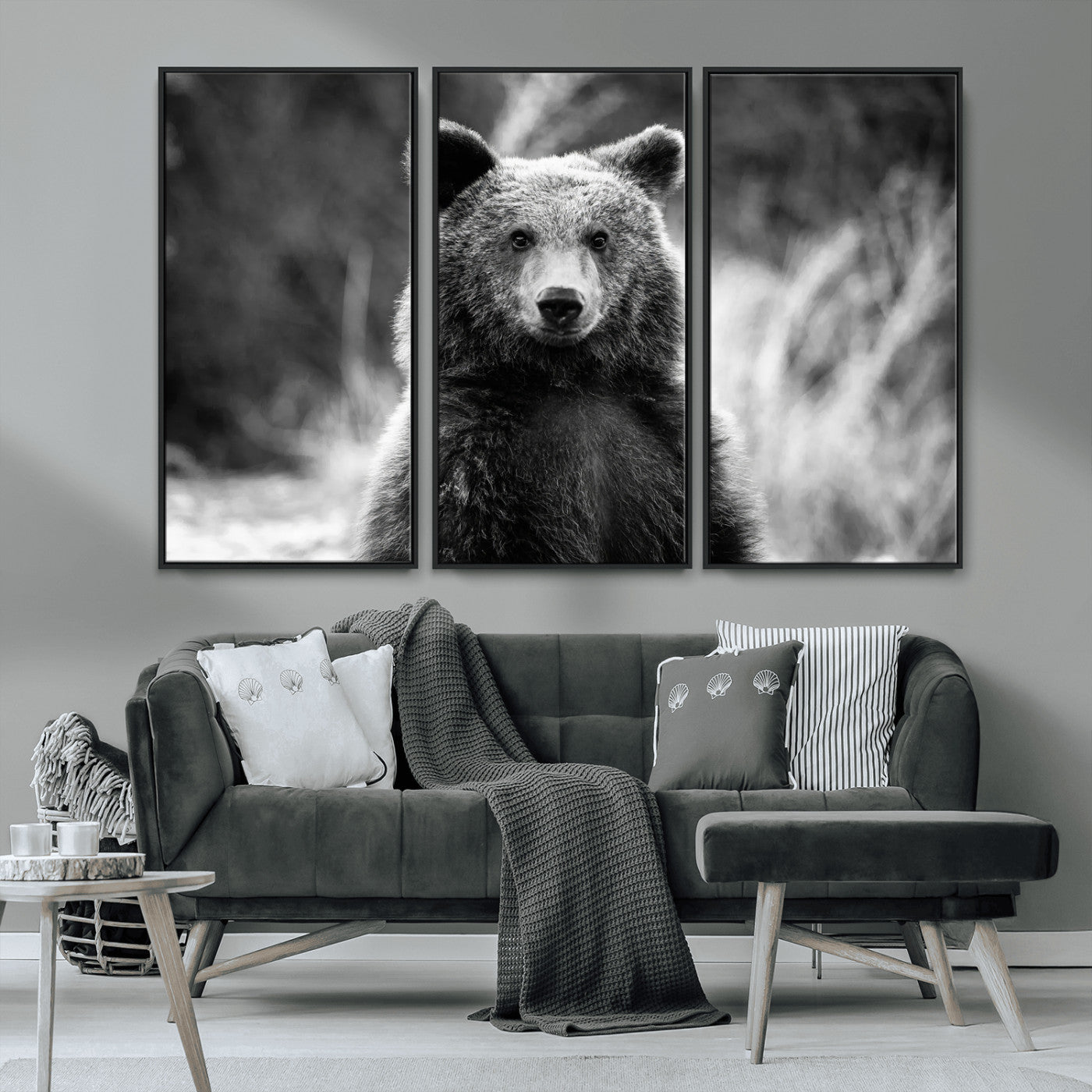 MGV-FC-48X32-3P - Grizzly Bear Wall Art Canvas Print, Framed Black White Bear Art Picture Print, Wild Bear Perfect Rustic Wildlife Decor Artwork