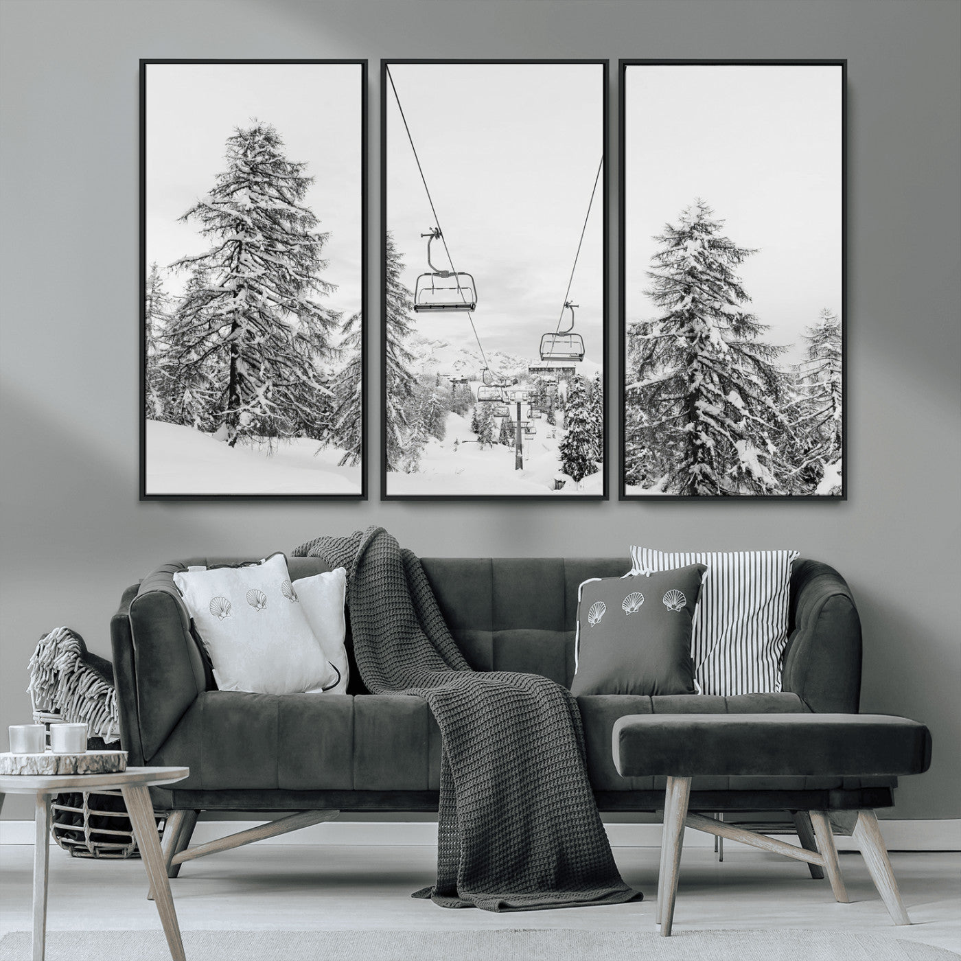 MGV-FC-48X32-3P - Wall Art Canvas Print Winter Chairlift Views Silent Snow-Covered Pines Mountain Calm Serenity Frozen