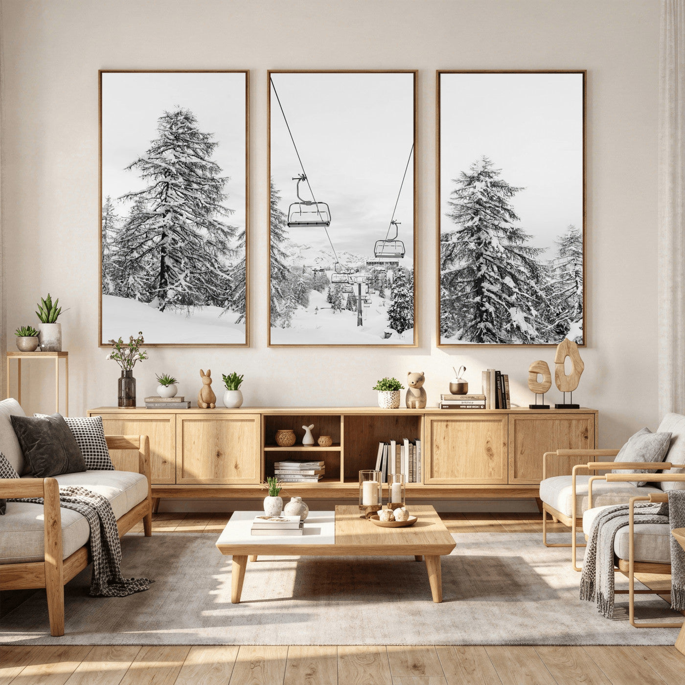 55003599-MGV-CV-36X24 - Snowy Ski Lift Wall Art – Framed Winter Forest Canvas Artwork, Peaceful Mountain Design, Modern Nature Decor for Home, Office