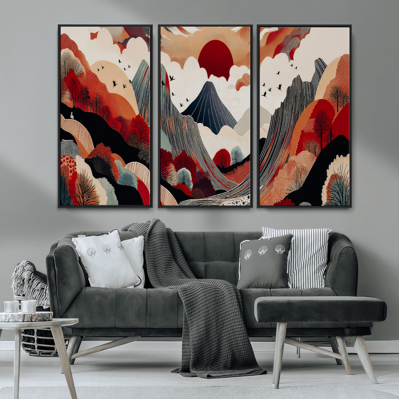 MGV-FC-48X32-3P - Abstract Mountain Wall Art Canvas Print, Framed Vibrant Landscape Art Picture Print, Stylized Nature Drawing Perfect Contemporary Minimalist Decor Artwork