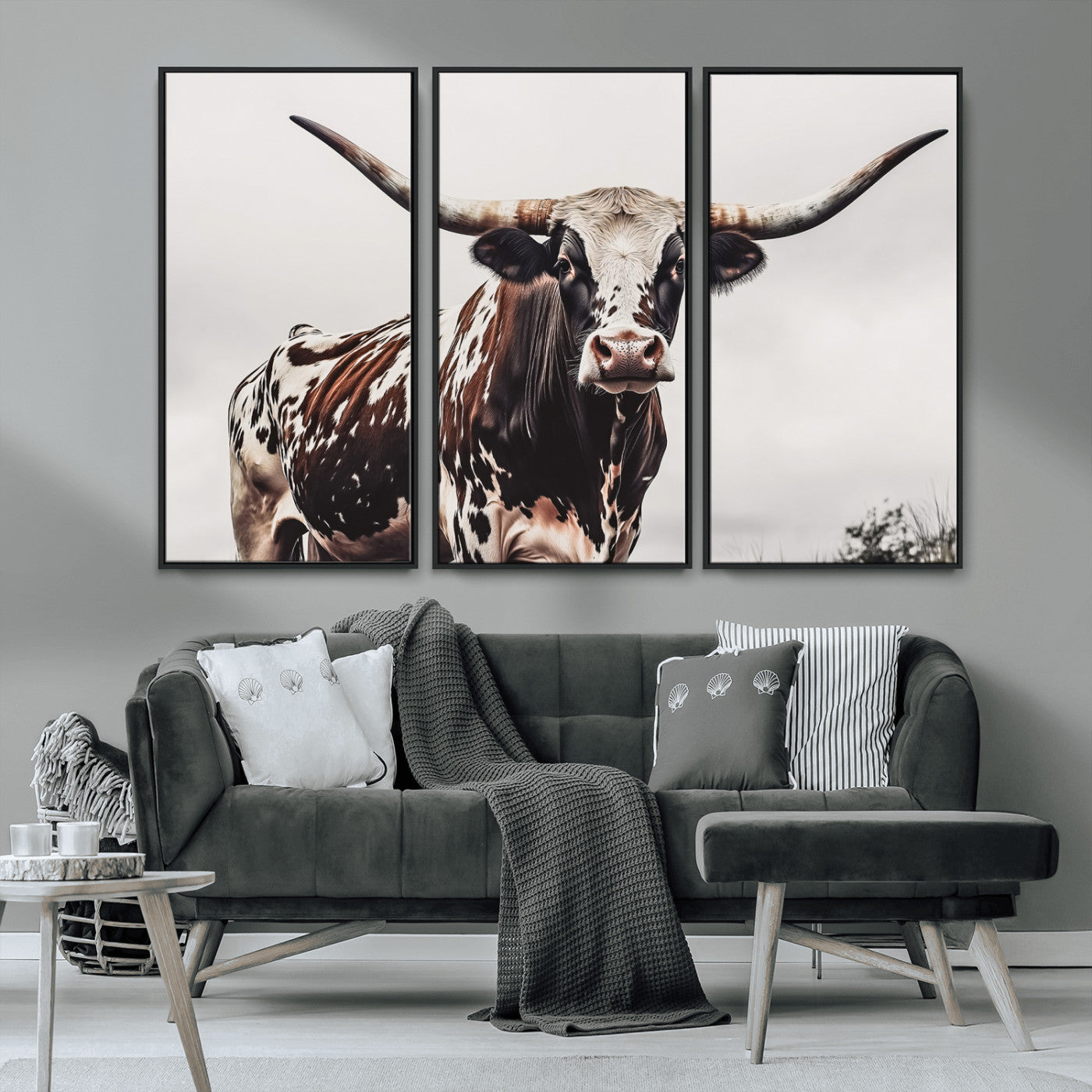 Close-up of a Texas Longhorn bull with powerful horns, perfect for rustic farmhouse or country-themed home decor. Ideal for animal lovers.