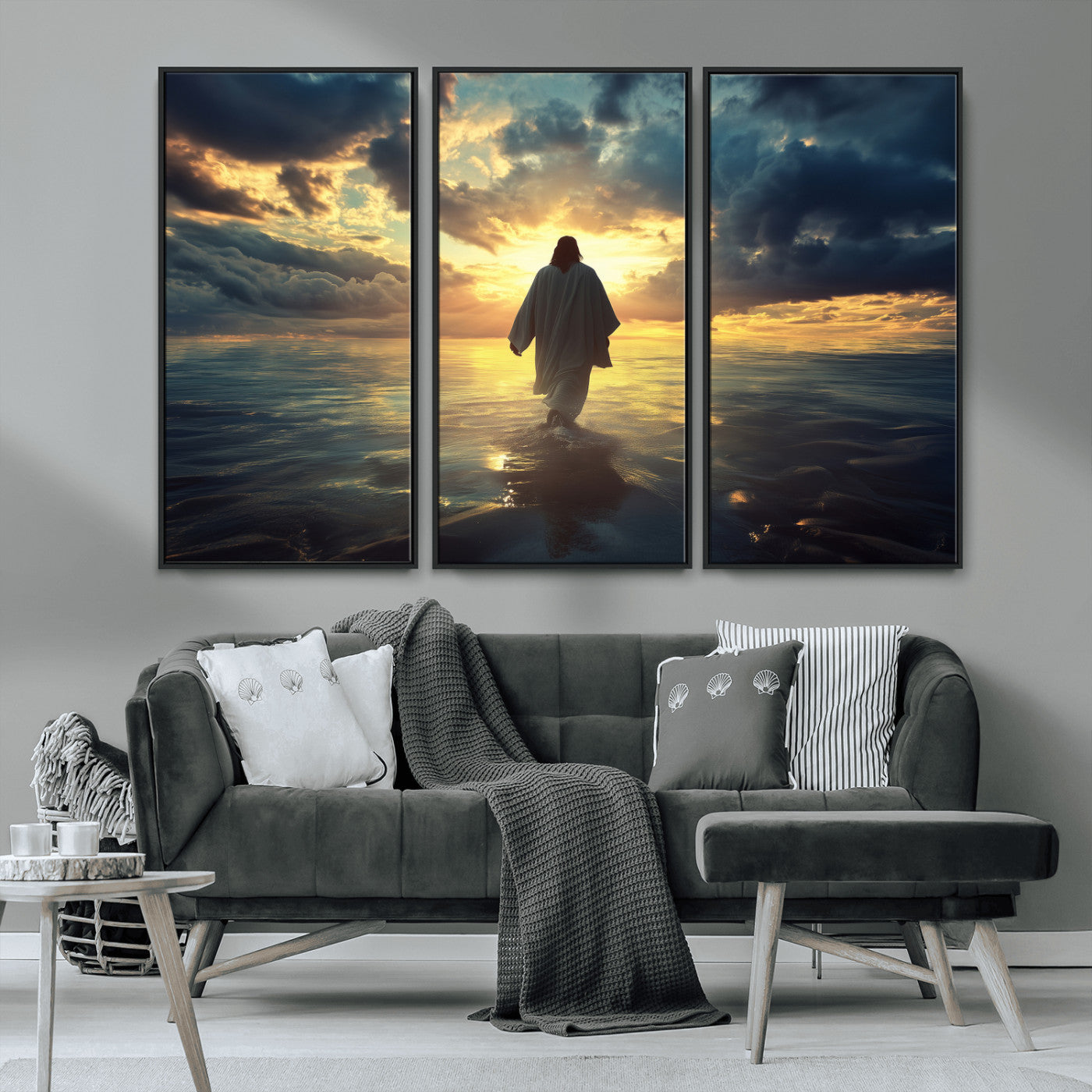 MGV-FC-48X32-3P - Jesus Walks Wall Art Canvas Print, Framed Divine Sunset Art Picture Print, Spiritual Light Perfect Spiritual Tranquil Decor Artwork