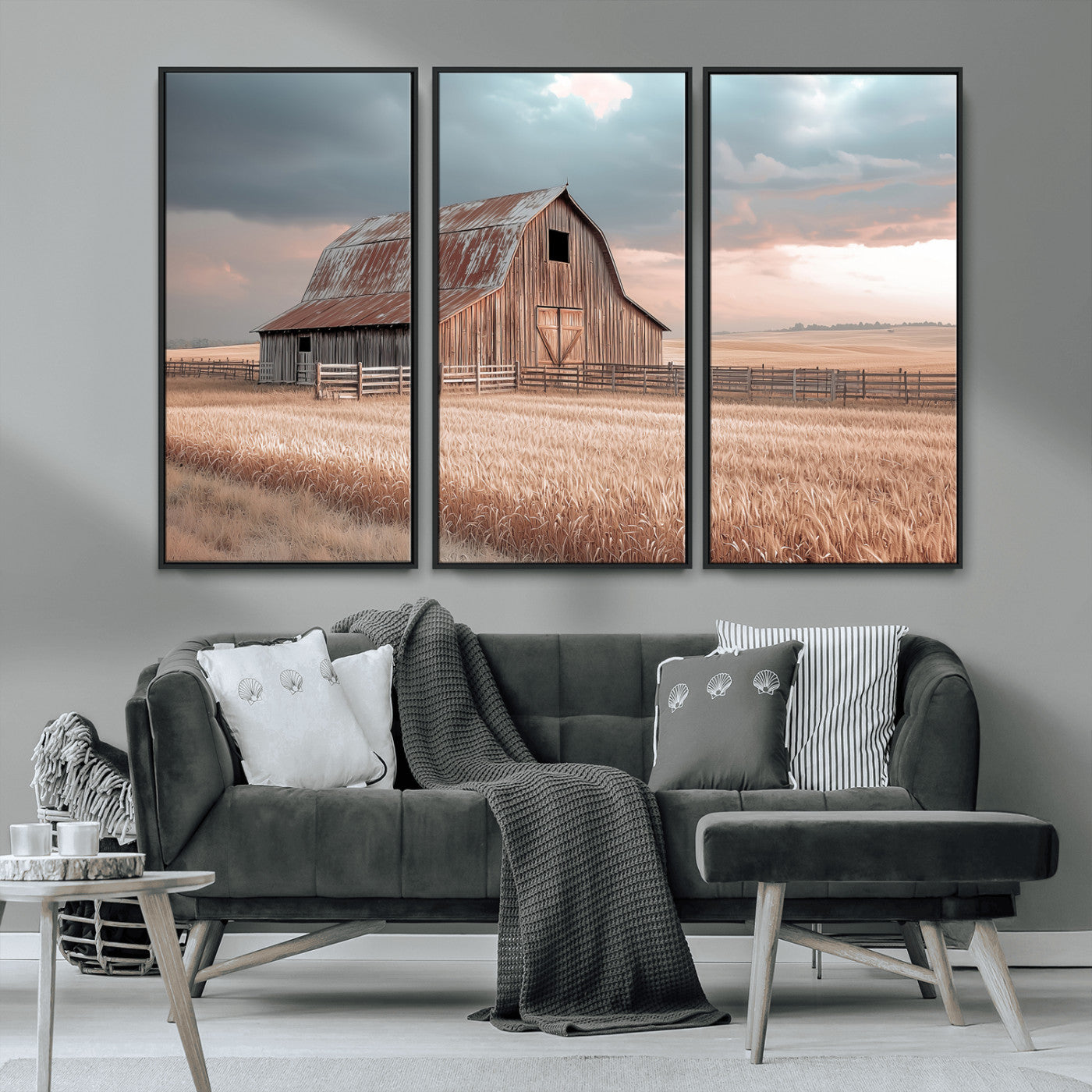 MGV-FC-48X32-3P - Rustic Barn Wall Art Canvas Print, Framed Wheat Field Art Picture Print, Sunset Barn Perfect Vintage Farmhouse Decor Artwork