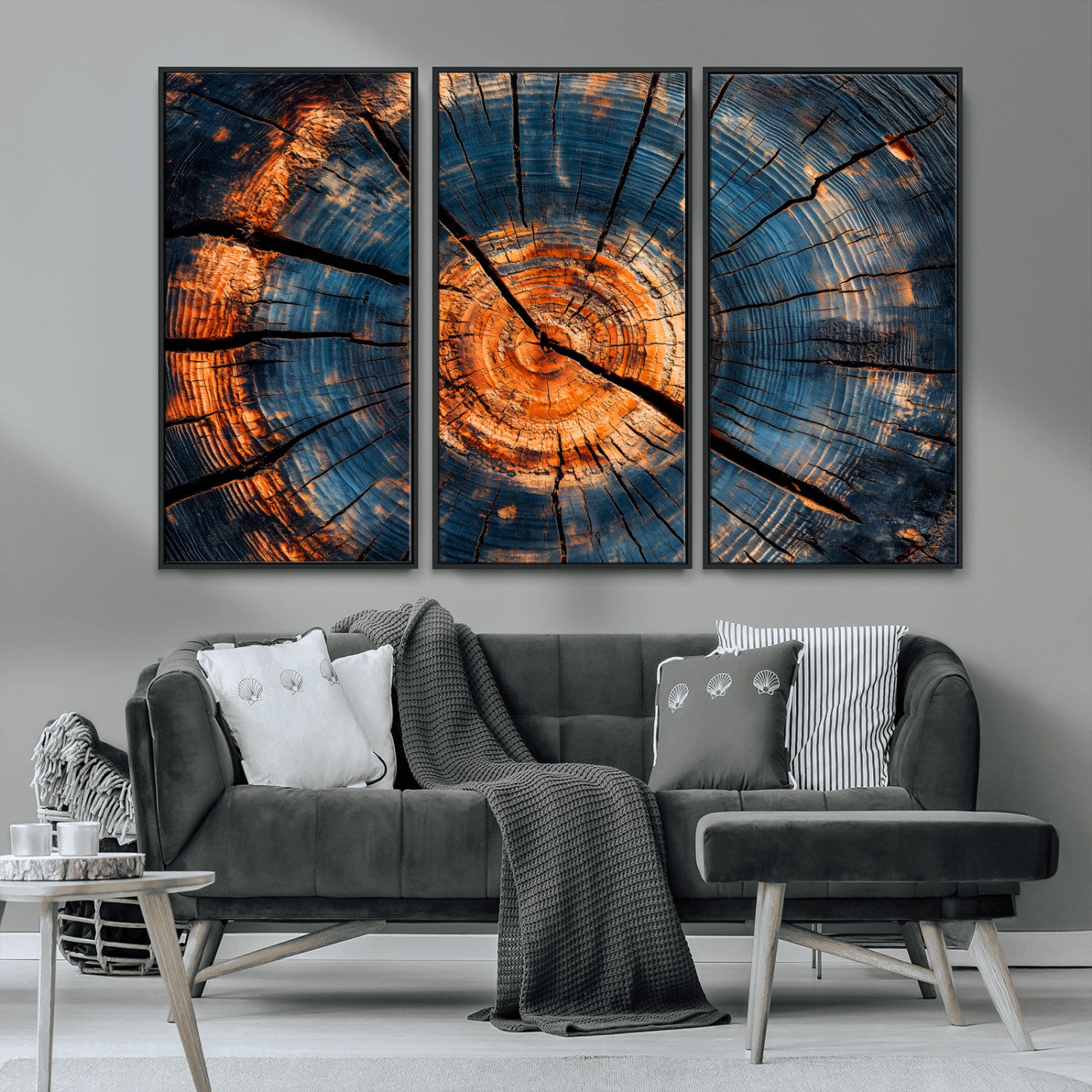 MGV-FC-48X32-3P - Burnt Wood Wall Art Canvas Print, Framed Aged Timber Art Picture Print, Rustic Tree Slice Perfect Rustic Decor Artwork