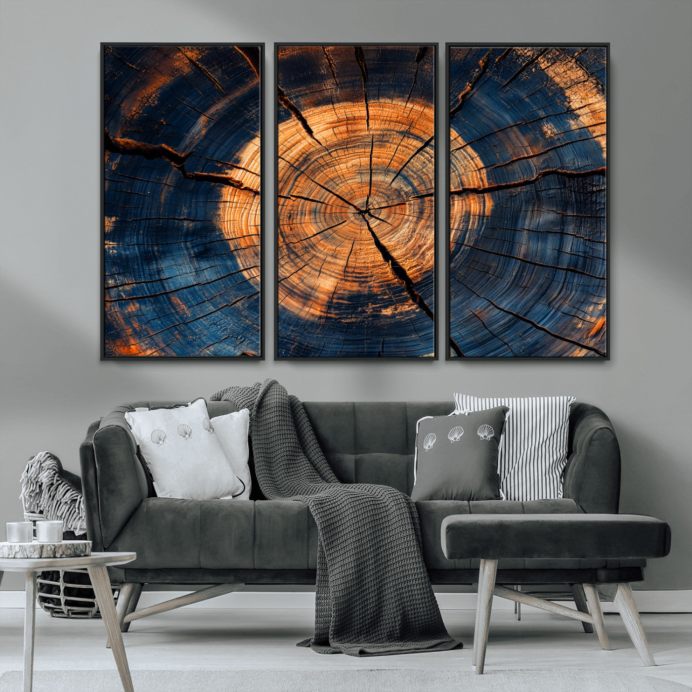 MGV-FC-48X32-3P - Burnt Wood Wall Art Canvas Print, Framed Aged Timber Art Picture Print, Rustic Tree Slice Perfect Rustic Decor Artwork