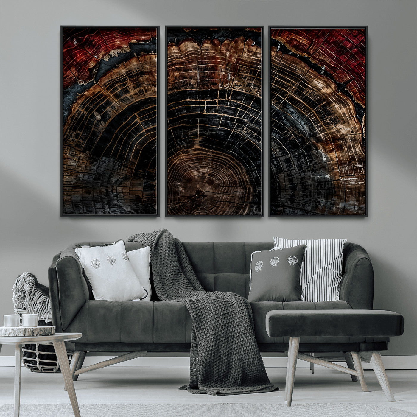 MGV-FC-48X32-3P - Dark Wood Ring Wall Art Canvas Print, Framed Abstract Wood Tree Art Picture Print, Rustic Tree Slice Perfect Rustic Decor Artwork