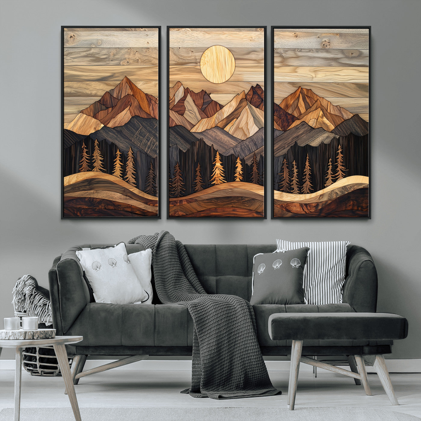 MGV-FC-48X32-3P - Wood Mountain Wall Art Canvas Print, Framed Boho Wood Art Picture Print, Abstract Woodland Perfect Farmhouse Decor Artwork