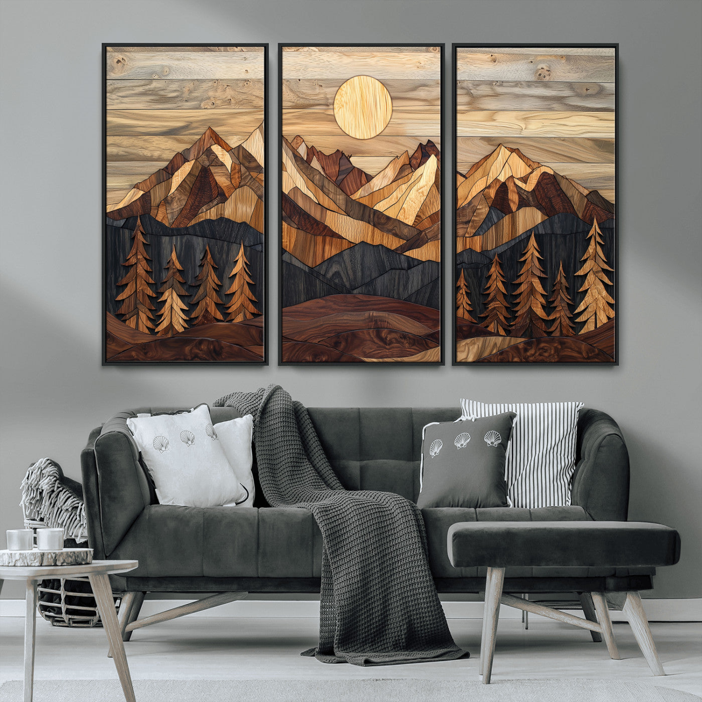 MGV-FC-48X32-3P - Wood Mountain Landscape Wall Art Canvas Print, Framed Sunset Hills Art Picture Print, Abstract Nature Perfect Boho Decor Artwork