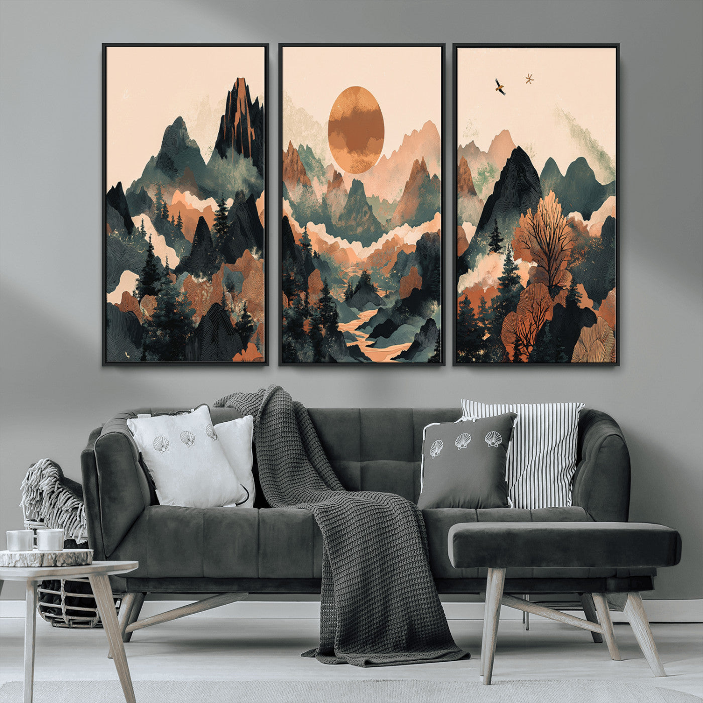 MGV-FC-48X32-3P - Wood Mountain Landscape Wall Art Canvas Print, Framed Sunset Hills Art Picture Print, Abstract Nature Perfect Boho Decor Artwork