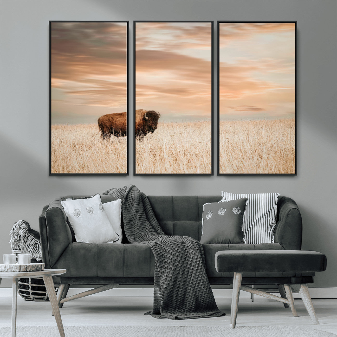 MGV-FC-48X32-3P - Bison Wall Art Canvas Print, Framed Buffalo Art Picture Print, Western Prairie Perfect Rustic Decor Artwork
