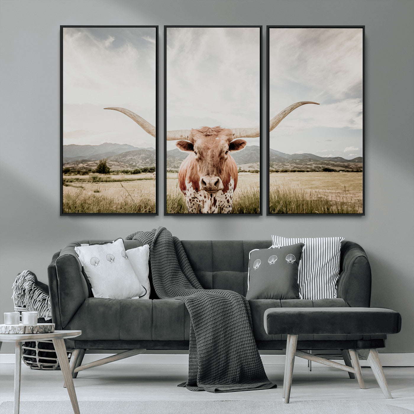MGV-FC-48X32-3P - Texas Longhorn Wall Art Canvas Print, Framed Western Cow Art Picture Print, Rustic Farmhouse Perfect Farmhouse Decor Artwork