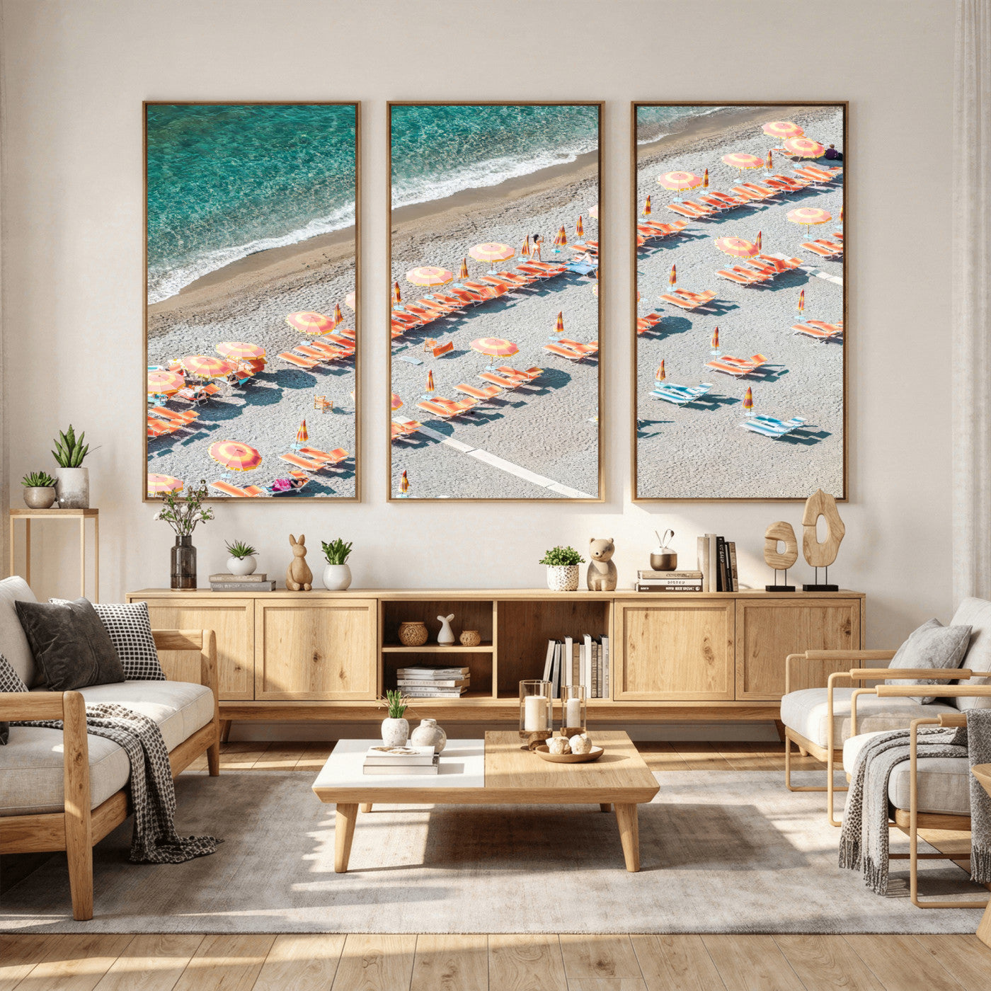 27805351-MGV-CV-36X24 - Beach Umbrellas Wall Art – Orange Loungers & Turquoise Water Canvas Print, Sandy Shore and Summer Vibes