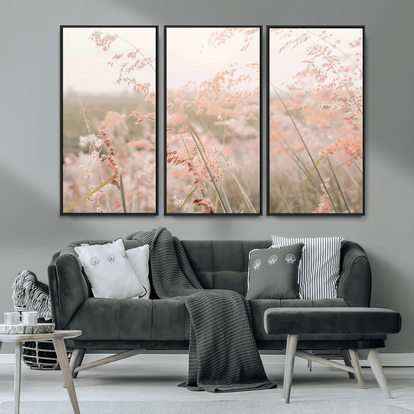 MGV-FC-48X32-3P - Pastel Grasses Wall Art Canvas Print, Framed Soft Meadow Art Picture Print, Field in Breeze Perfect Soft Pastel Minimal Decor Artwork
