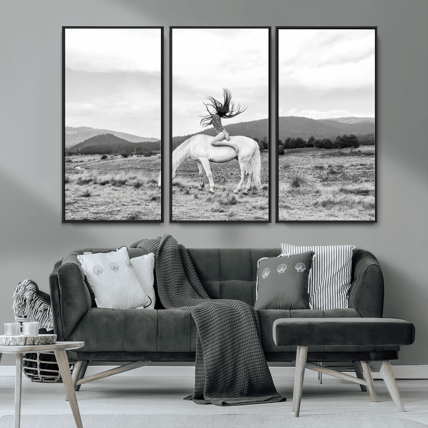 MGV-FC-48X32-3P - White Horse Wall Art Canvas Print, Framed Woman Rider Art Picture Print, Equestrian Pose Perfect Western Boho Decor Artwork