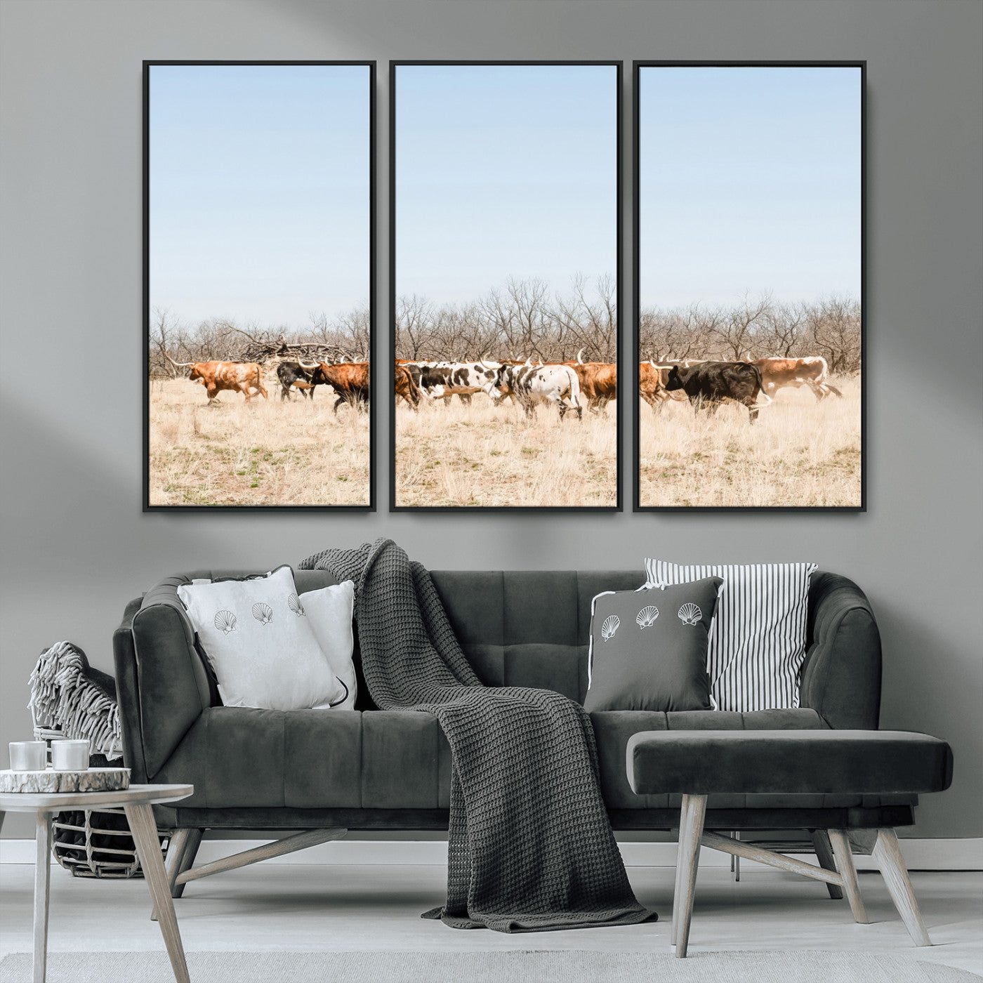 MGV-FC-48X32-3P - Texas Longhorns Wall Art Canvas Print, Framed Western Cattles Art Picture Print, Rustic Herd Perfect Rustic Farmhouse Decor Artwork