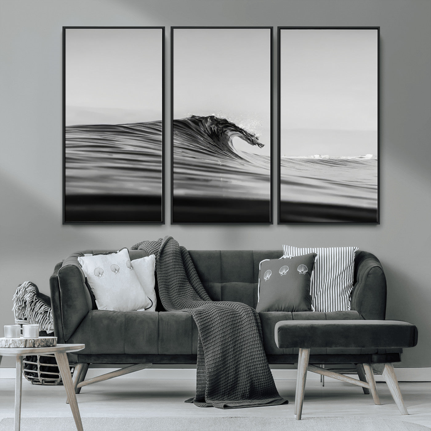 MGV-FC-48X32-3P - Black Wave Wall Art Canvas Print, Framed Abstract Surf Art Picture Print, Minimalist Ocean Perfect Minimalist Coastal Decor Artwork