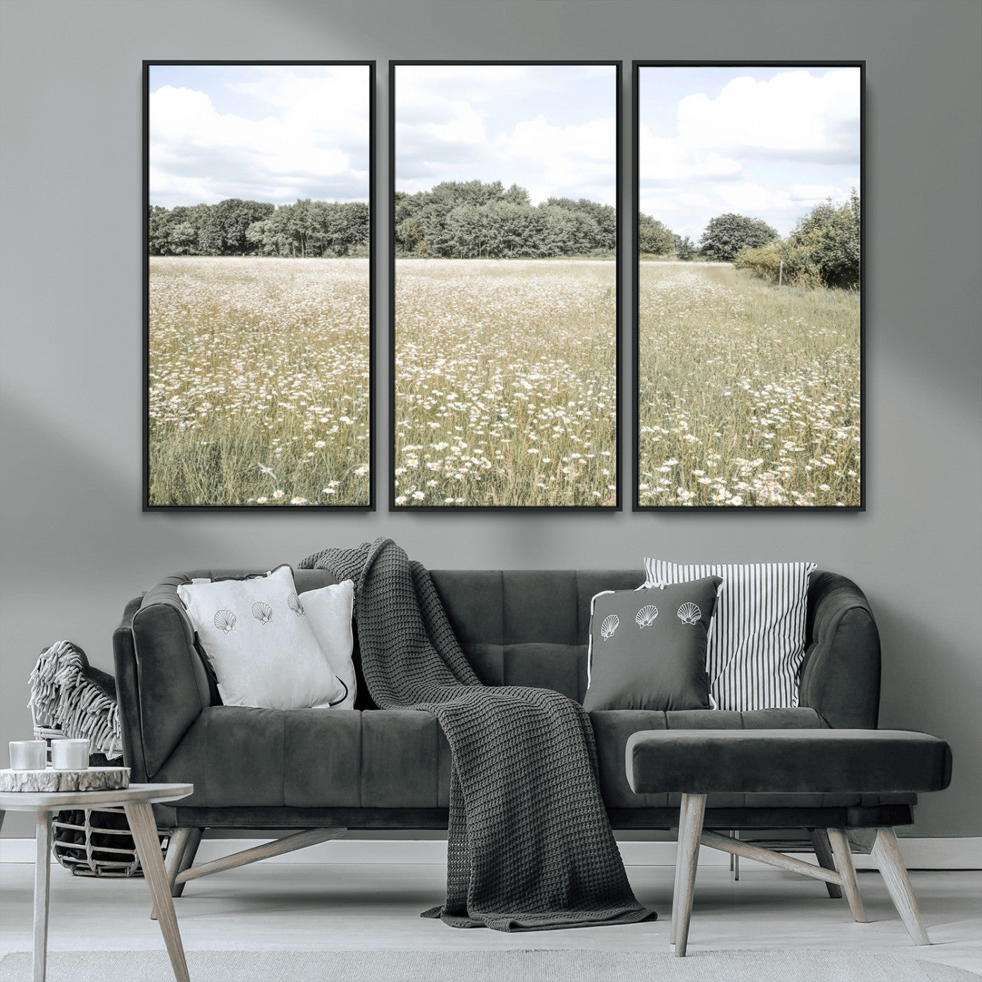 MGV-FC-48X32-3P - Charming Daisy Field Wall Art Canvas Print, Framed Pastel Flower Art Picture Print, Meadow Bloom Perfect Scandinavian Minimalist Decor Artwork
