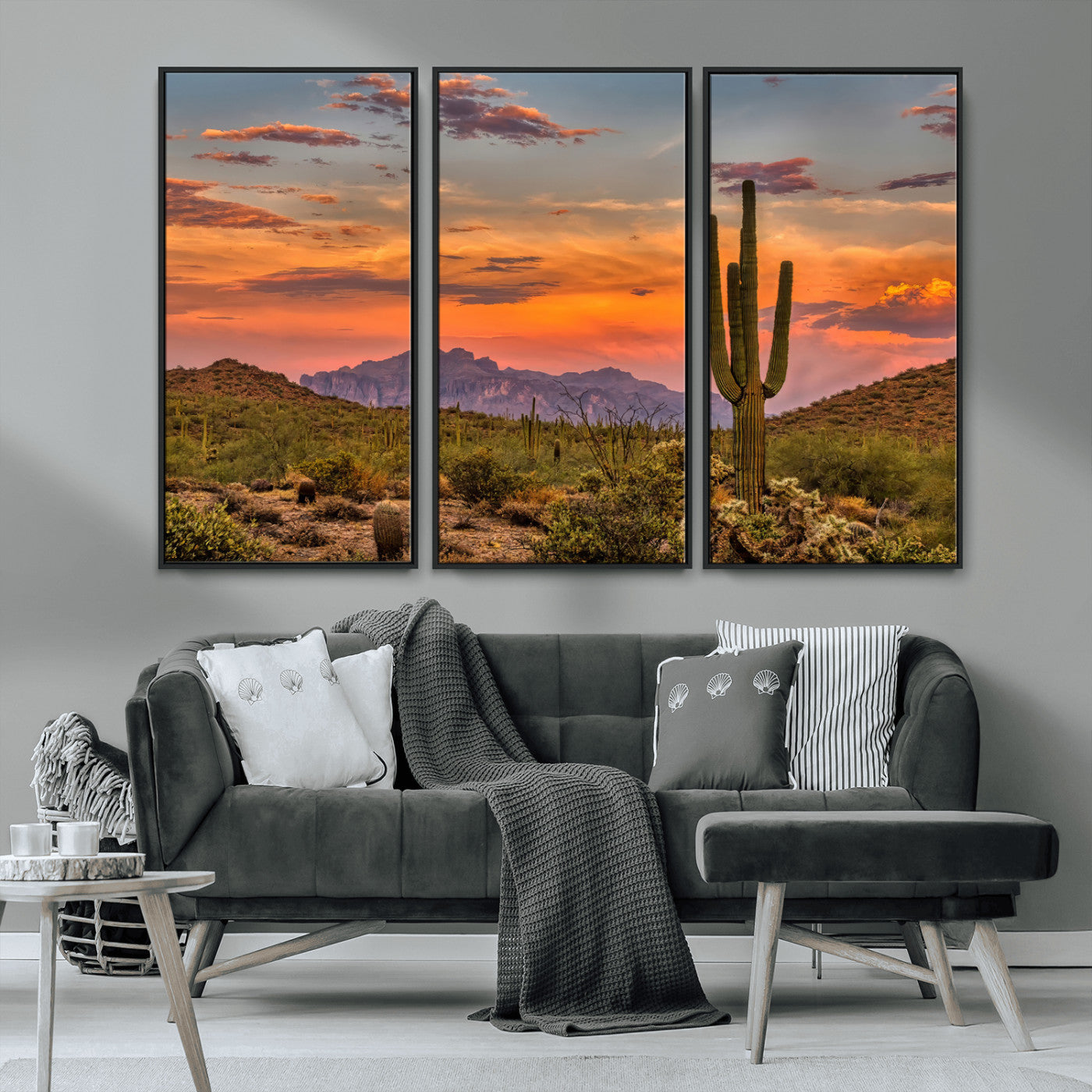 MGV-FC-48X32-3P - Saguaro Cactus Wall Art Canvas Print, Framed Arizona Sunset Art Picture Print, Sonoran Desert Perfect Southwestern Boho Decor Artwork