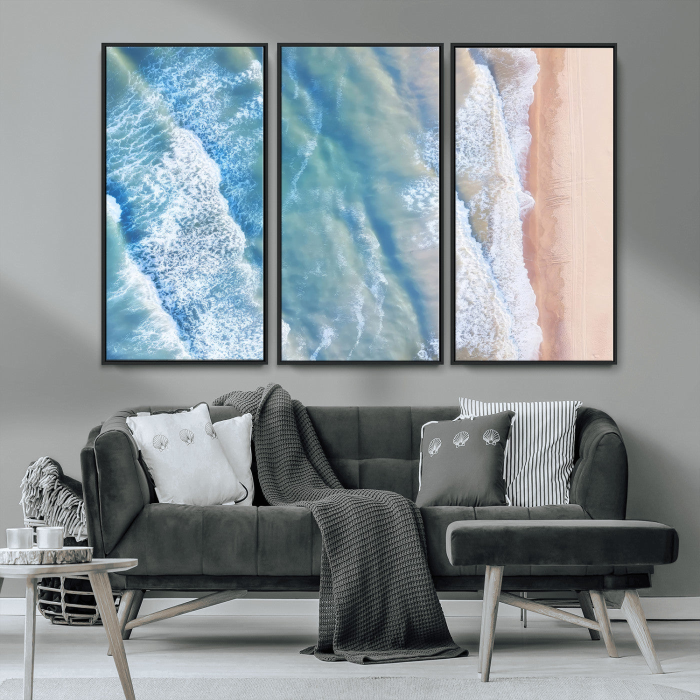 MGV-FC-48X32-3P - Aerial Ocean View Wall Art Canvas Print, Framed Soft Blue Waves Art Picture Print, Sandy Shoreline Perfect Modern Coastal Decor Artwork
