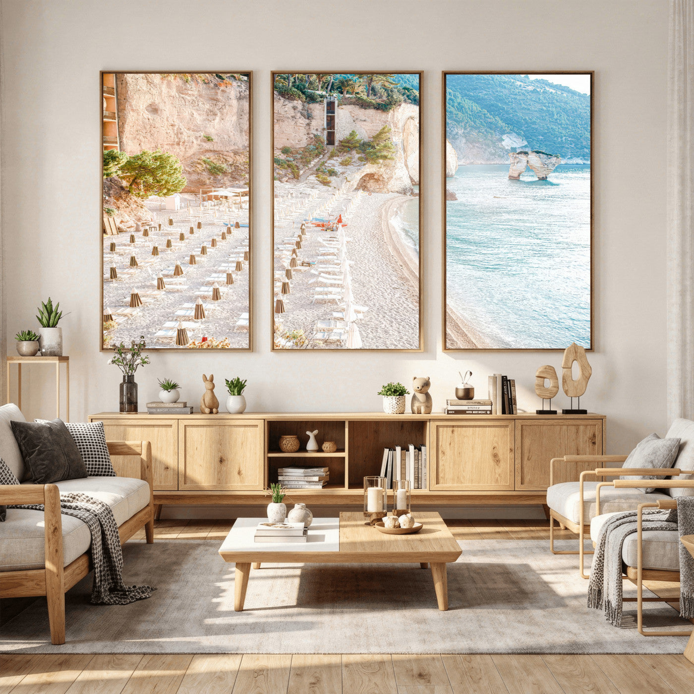 84816639-MGV-CV-36X24 - Sunny Beach Wall Art – Chairs & Umbrellas Canvas Print, Clear Water, Rocky Cliffs, Coastal Calm for Living Room or Vacation Home Decor